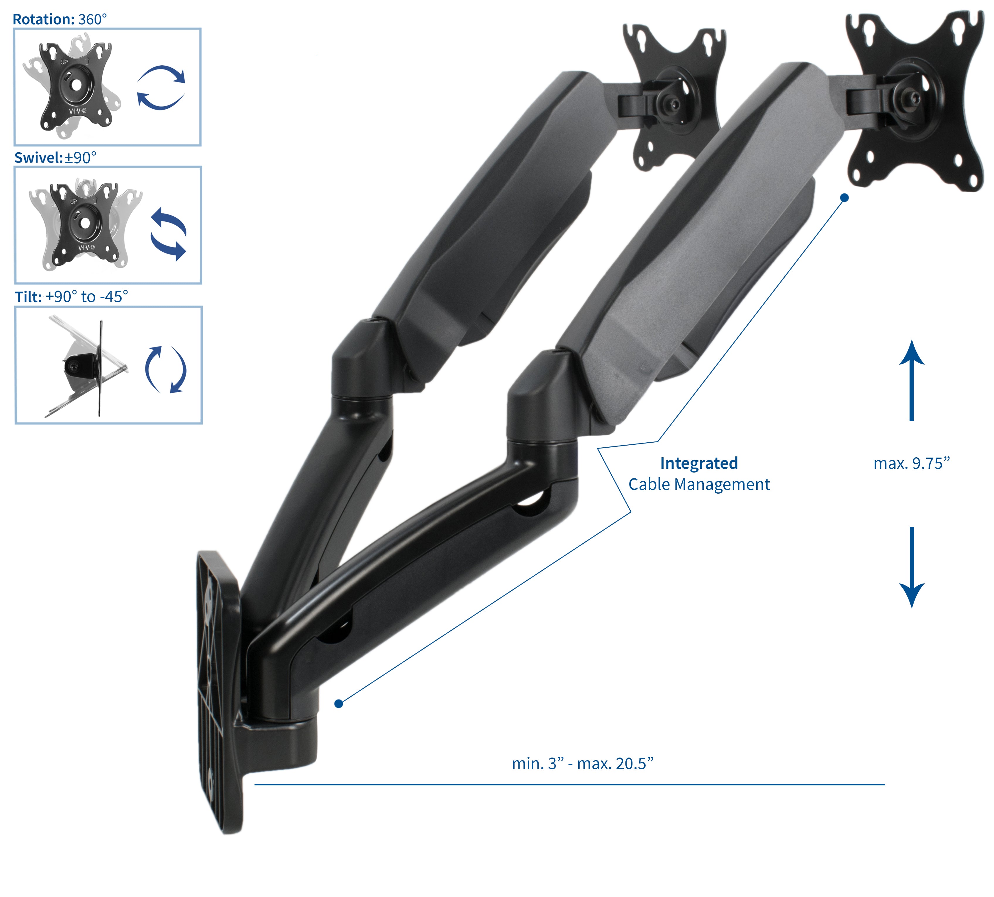 Adjustable Dual Monitor Wall Mount Bracket for 17-32 Inch Screens - Heavy Duty Pneumatic Arm Stand for Home Office & Gaming Setup