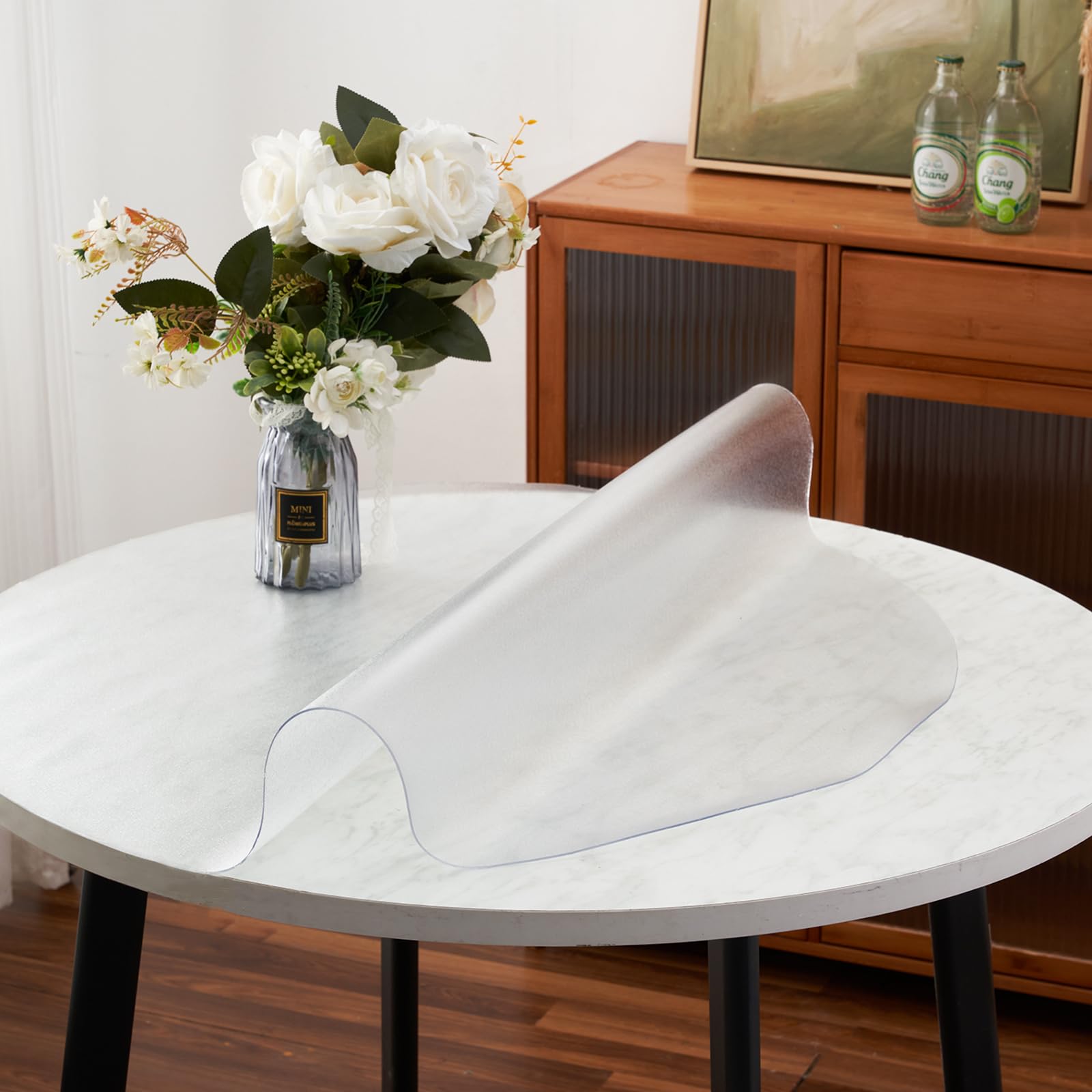 48 Inch Round Frosted PVC Table Cover - 1.5mm Thick Waterproof & Non-Slip Table Protector for Kitchen, Dining Room, Restaurant - Perfect for Wooden Tables, Party Decorations & Daily Use