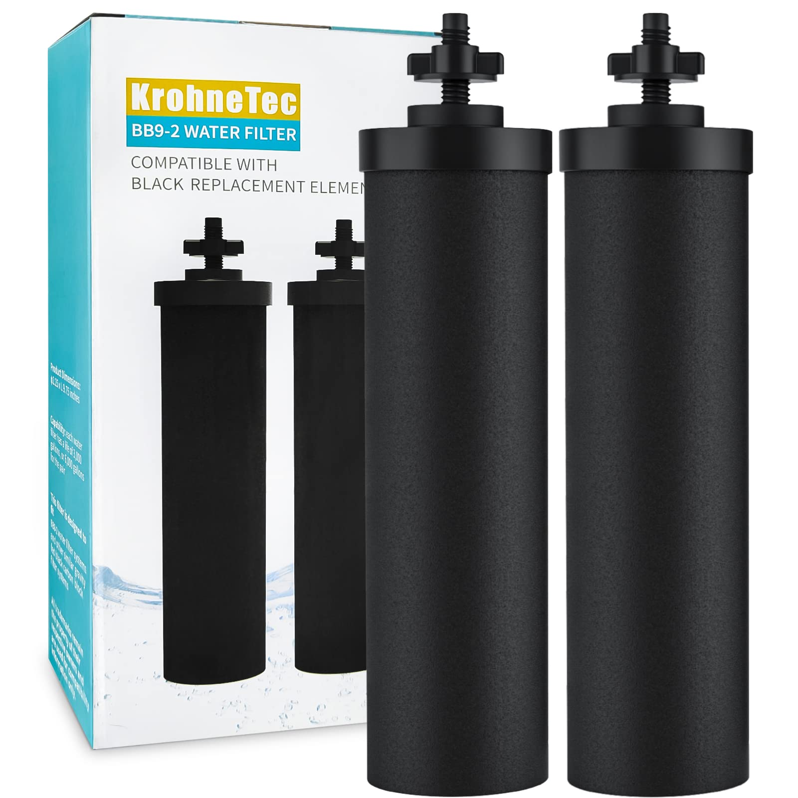 KrohneTec BB9-2 Berkey Water Filter Replacement (2 Pack) - Compatible with Berkey Black Purification Elements & Gravity Filter Systems | Perfect for Home, Camping, Emergency Preparedness & Off-Grid Water Purification