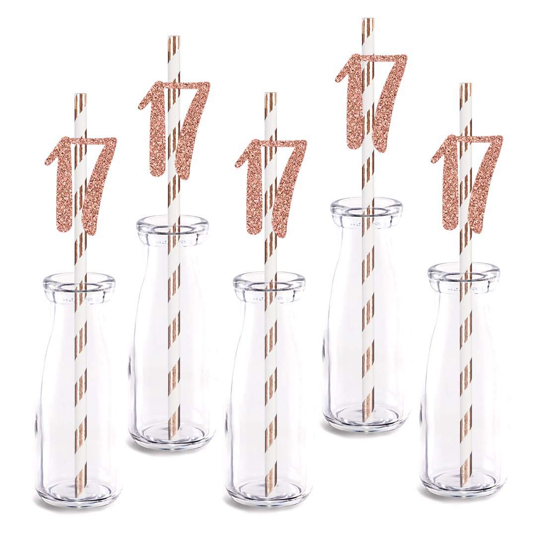 Rose Gold Glitter 17th Birthday Straw Decorations - 24pcs Cut-Out Number 17 Drinking Straws for Party Supplies | Perfect for Sweet 16, Quinceañera & Milestone Celebrations