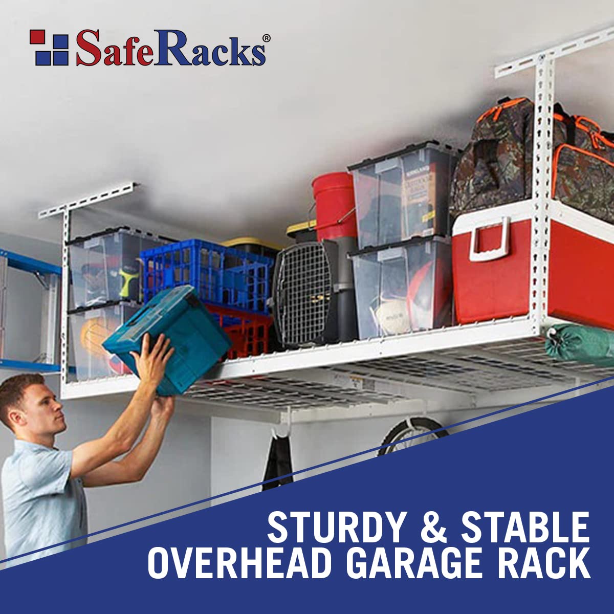 Heavy Duty Overhead Garage Storage Rack - 600 lb Capacity Adjustable Ceiling Mount Organizer (4x8 White, 2 Pack) - Perfect for Garage, Basement & Workshop Storage Solutions