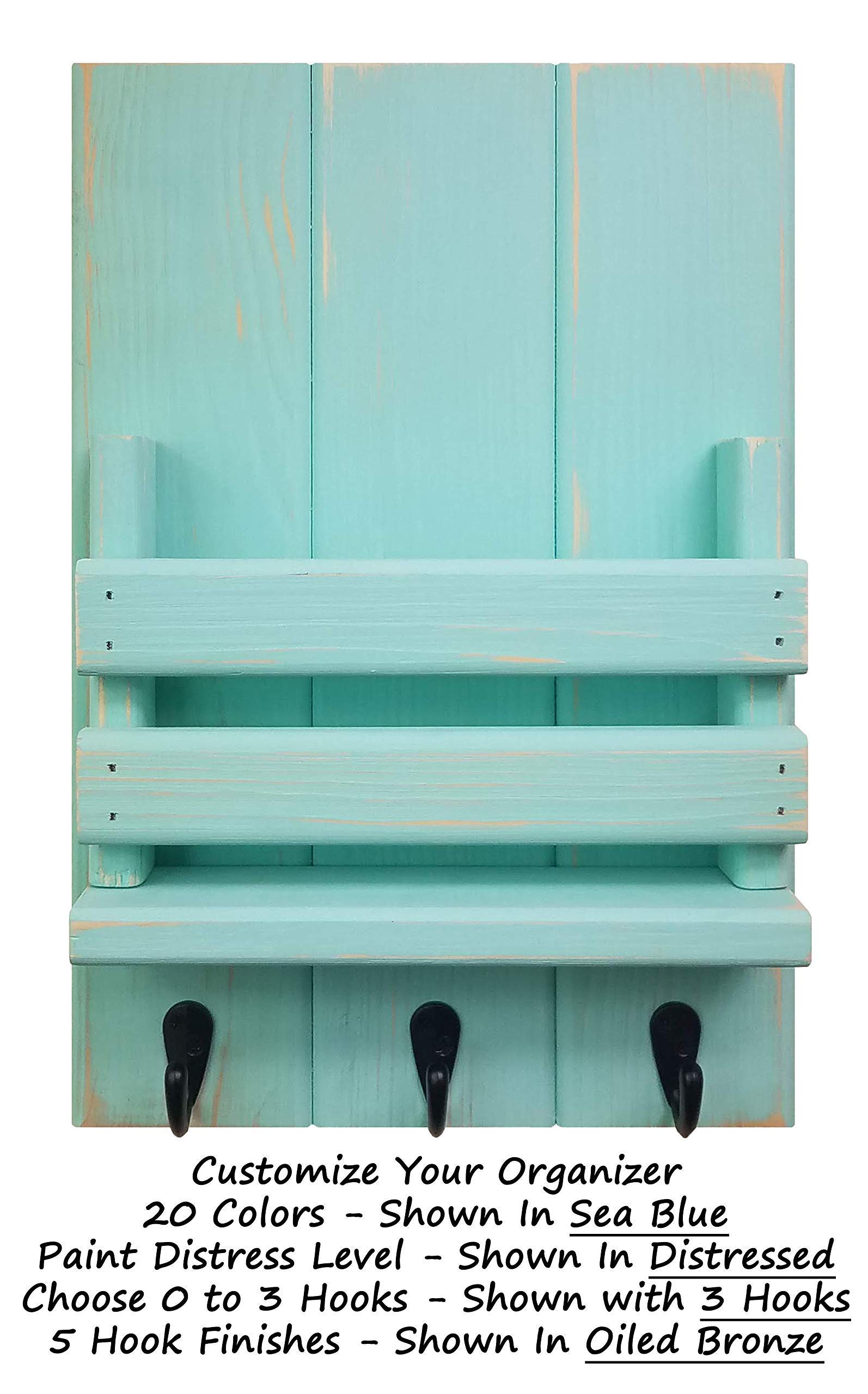 Sydney Slat Front Wall Mail Holder with Hooks - 20 Color Options (Sea Blue Shown) - Durable Mail Organizer & Key Holder for Home, Office, or Entryway Organization