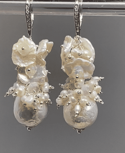 Baroque Pearl Cluster Bridal Earrings - White Keishi Pearls & Opal Cascade Drop Earrings for Wedding, Prom, Special Occasions