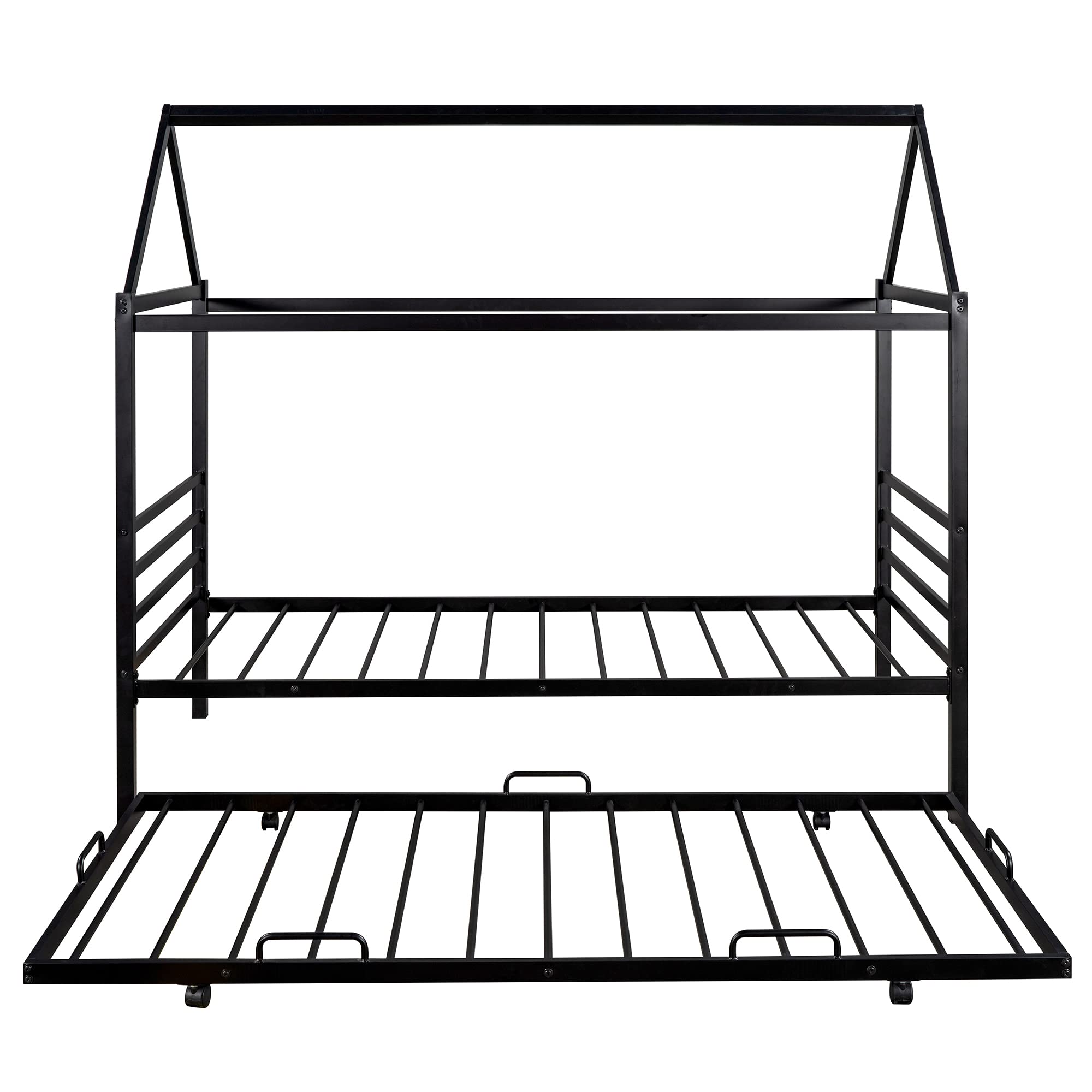 Metal Twin Size House Shaped Bed Frame with Trundle, Headboard & Footboard - Kids Platform Bed for Boys, Girls & Teens (Black) | Perfect for Small Bedrooms, Playrooms & Sleepovers