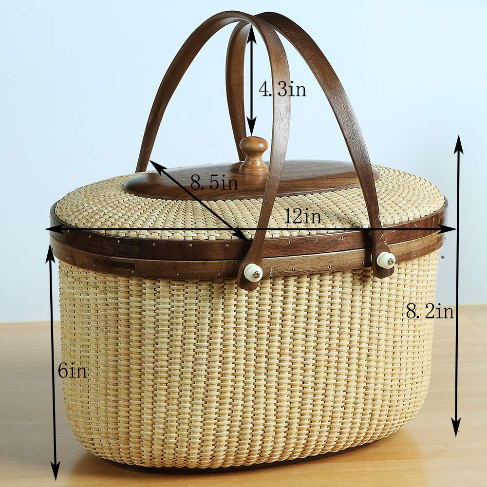 Handmade Nantucket Style Rattan Picnic Basket with Two Swing Handles - Woven Sewing Storage Tote Bag for Women | Perfect for Beach Outings, Picnics, and Home Decor