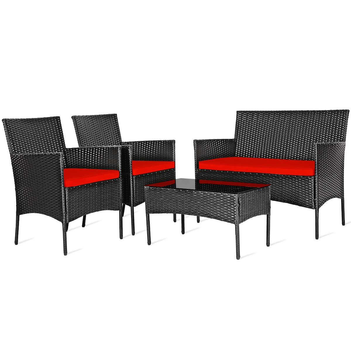HAPPYGRILL 4-Piece Outdoor Patio Furniture Set - Rattan Wicker Conversation Sofa Set with Tempered Glass Coffee Table & Removable Cushions - Perfect for Poolside, Garden, Backyard, and Patio Relaxation