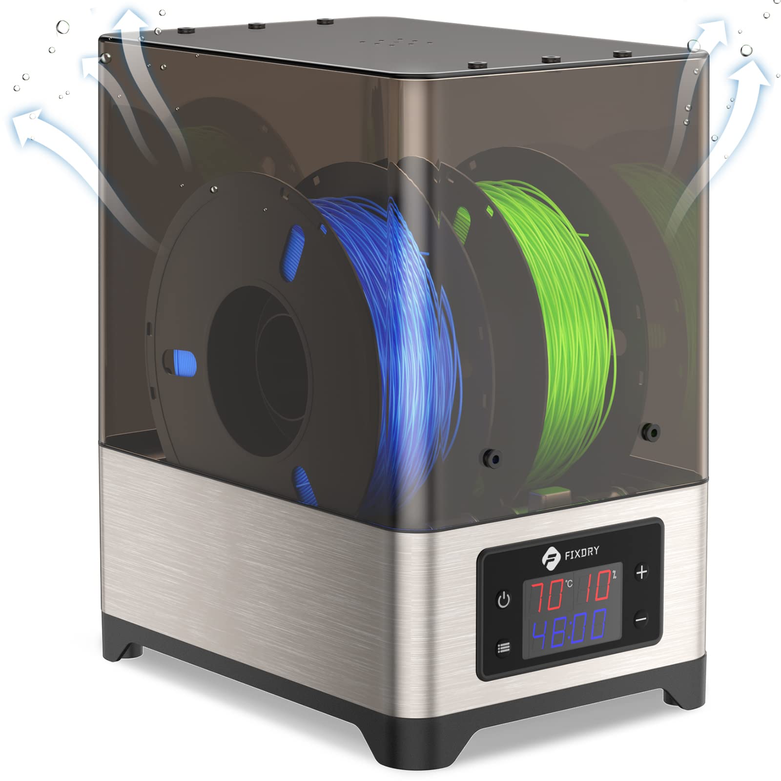 **2-Spool 3D Printer Filament Dryer Box with Fan - Storage for 1.75mm, 2.85mm & 3.00mm Filament - Keep Filament Dry & Prevent Moisture During 3D Printing - Ideal for PLA, ABS & PETG Filament Storage**    *(Use Case: Perfect for long-term filament storage, preventing clogs and improving print quality in humid environments.)*