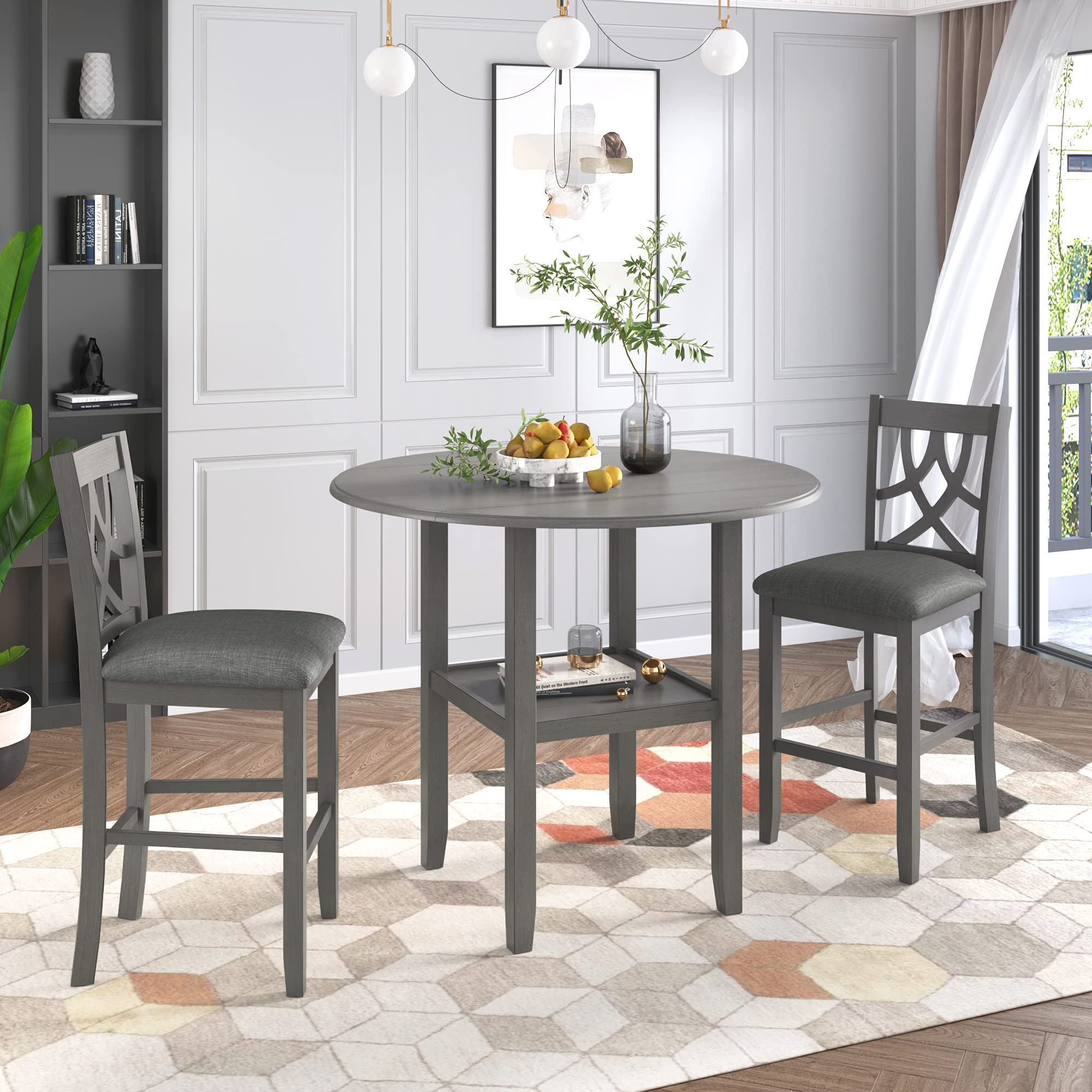 **3-Piece Round Counter Height Dining Table Set with Drop Leaf, Shelf & 2 Padded Chairs – Wooden Kitchen Breakfast Set for Small Spaces & Cozy Meals**