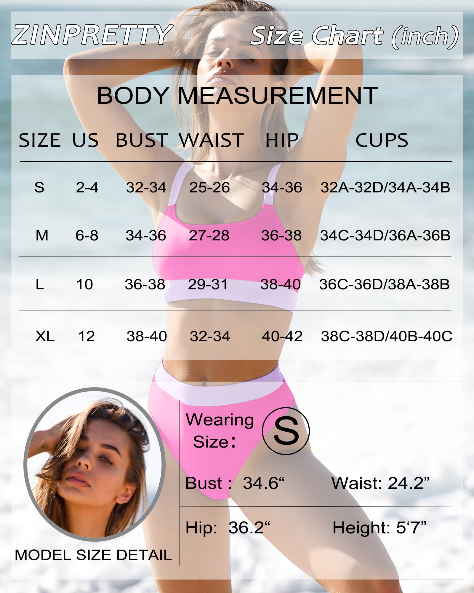 ZINPRETTY Women's High Waisted Bikini Set - Color Block Swimwear 2 Piece Bathing Suit with Tummy Control for Sporty Teens | Beach, Pool & Summer Vacation Outfits