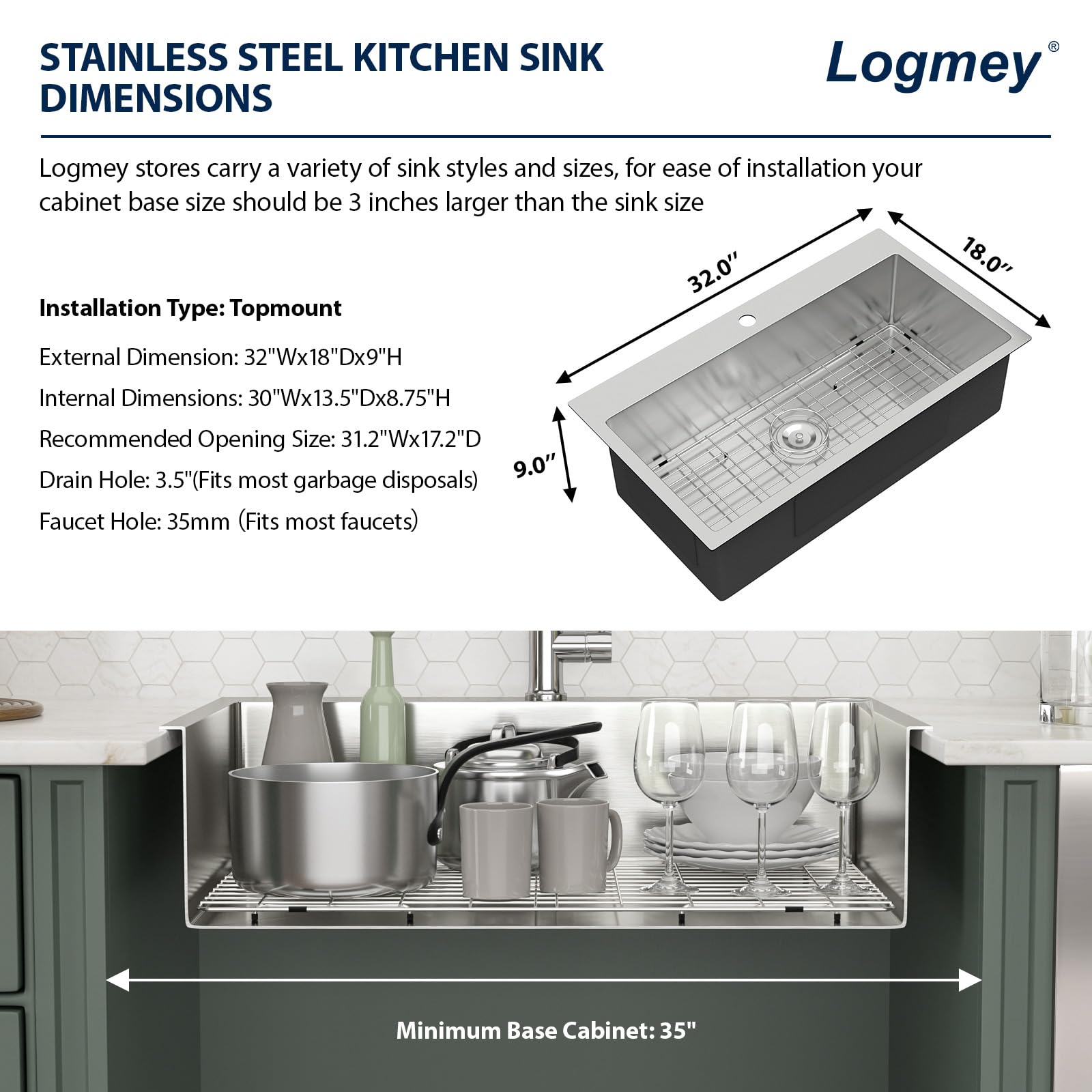 Logmey 32x18 Inch Drop-In Topmount Stainless Steel Kitchen Sink - 16 Gauge Handmade Single Bowl Sink Basin (32x18x9 Inches) for Modern Home Kitchen & Restaurant Use