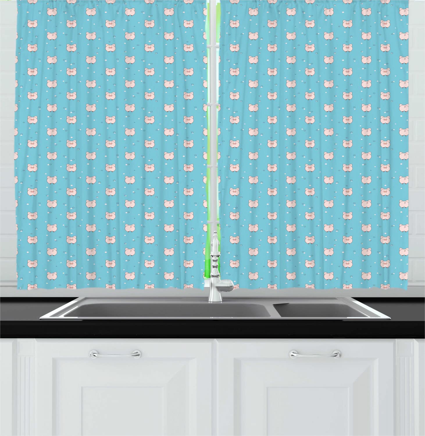 Ambesonne Funny Pig Farm Animal Print Kitchen Curtains - Pastel Dots Cartoon Design, 2 Panel Rod Pocket Drapes, 55