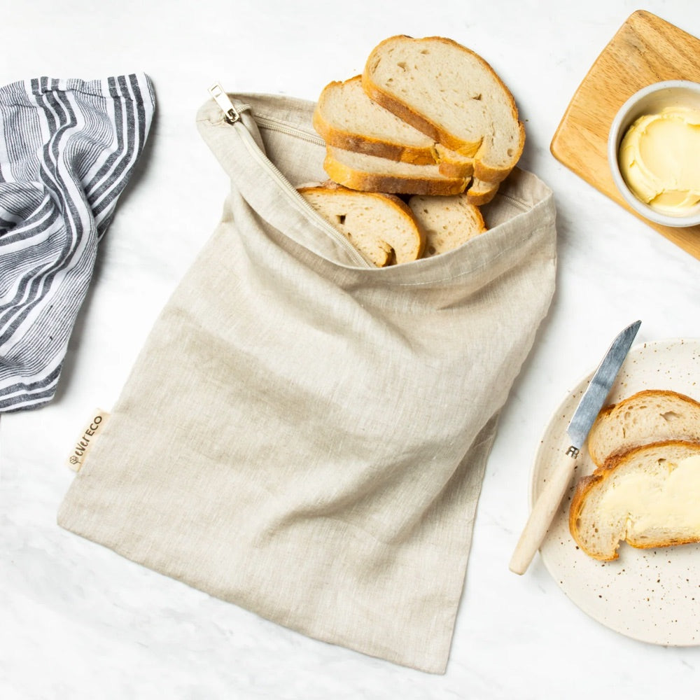 Ever Eco Reusable Linen Bread Bag with Zipper Closure - 32x40cm (12.6x15.7in) - Eco-Friendly Food Storage for Bread, Baked Goods & Produce - Perfect for Kitchen, Picnics & Zero-Waste Lifestyle