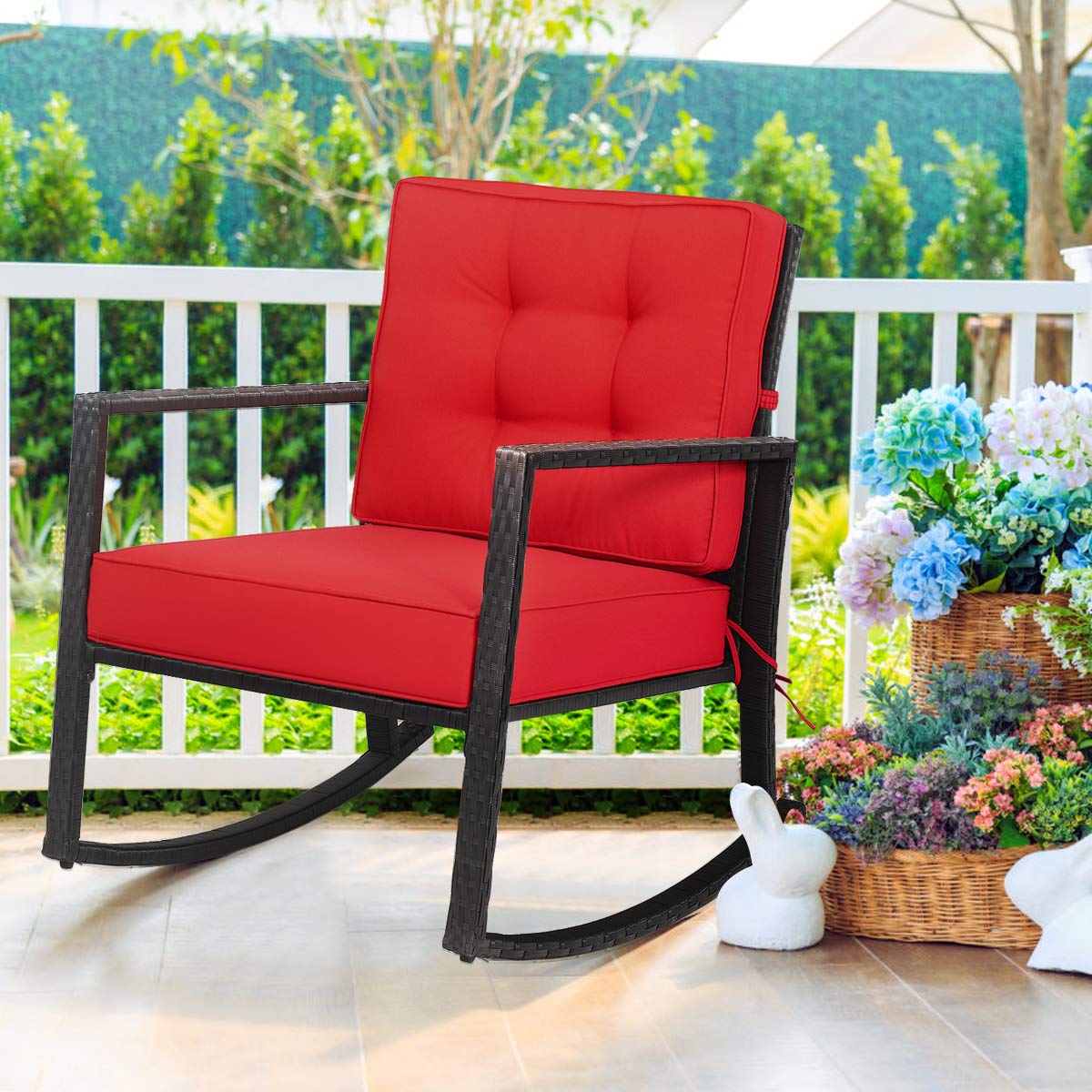 Hysache Patio Rocking Chair - Rattan Wicker Rocking Armchair with Thick Cushion & Sturdy Steel Frame - Outdoor Wicker Furniture for Poolside, Garden, Porch, Backyard (Red) - Perfect for Relaxing, Sunbathing & Outdoor Lounging
