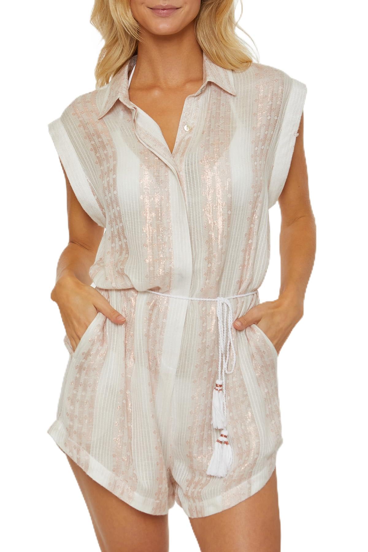 ISABELLA ROSE Women's Villa Short Romper - Collared Button-Up Jumpsuit with Side Pockets | Casual Summer Outfit & Beach Cover Up for Swimwear | Perfect for Pool Parties, Vacations and Daytime Outings