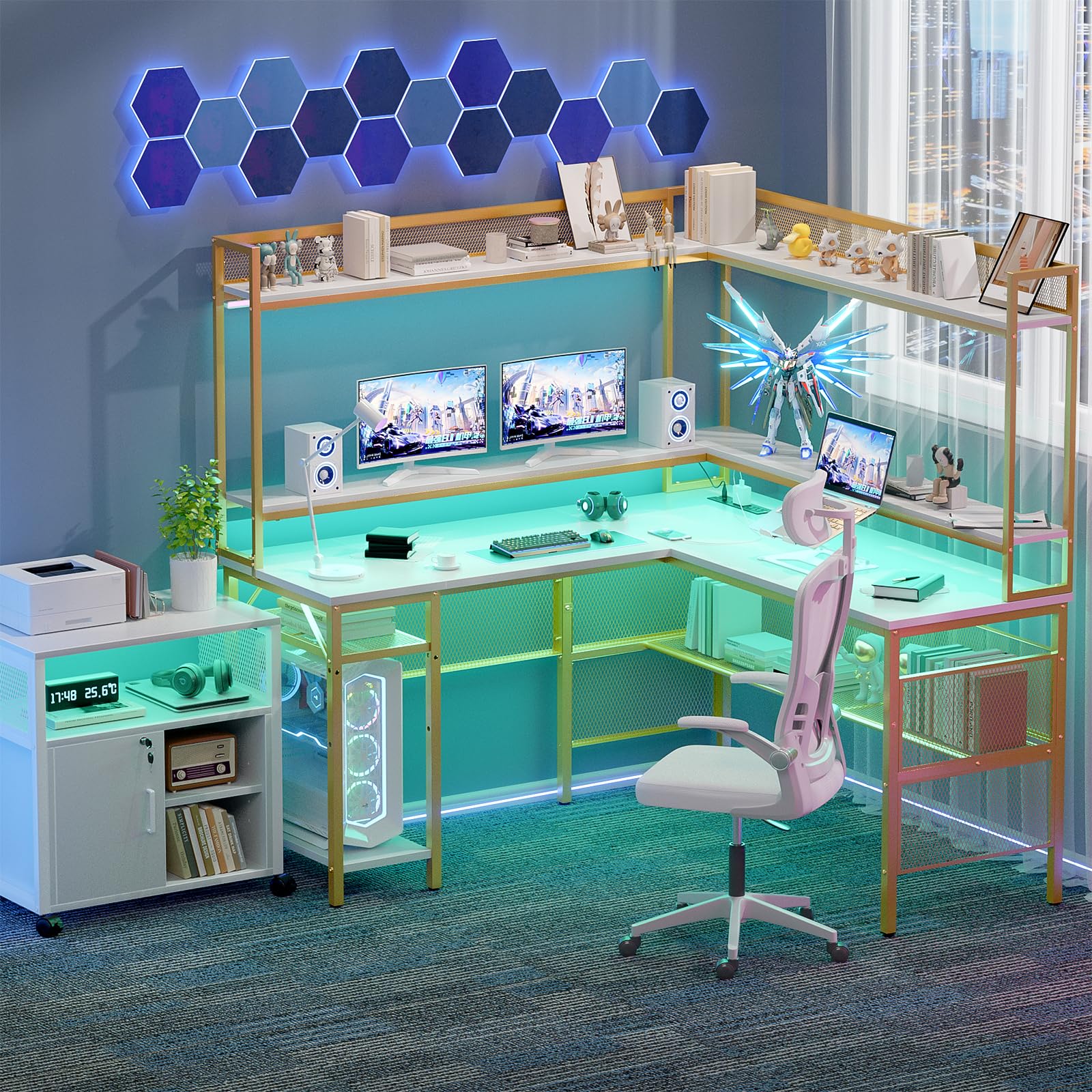 Unikito L-Shaped Gaming Desk with LED Lights - Reversible Computer Desk with Storage Shelves & Monitor Stand, Power Outlet - Industrial Style 2-Person Corner Desk for Home Office (White Oak) - Perfect for Gamers, Streamers & Remote Workers