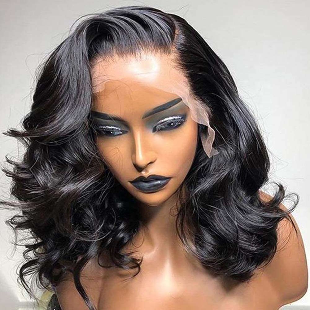 13x4 Lace Front Human Hair Wig - Short Bob Body Wave with Pre-Plucked Bleached Knots | Natural Black Color | No Shedding 130% Density 10