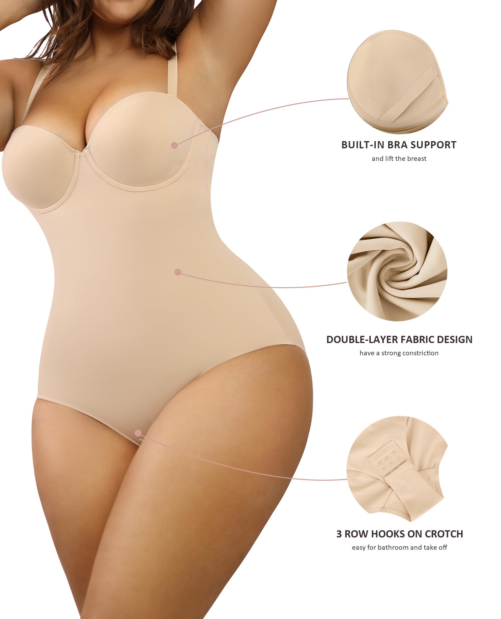 FeelinGirl Women's Tummy Control Shapewear Bodysuit - Seamless Slimming Body Shaper with Removable Straps & Built-in Cups | Perfect for Everyday Wear, Special Occasions & Postpartum Recovery