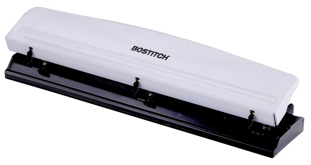 Bostitch Premium 3 Hole Punch for Paper - 12 Sheet Capacity Metal Hole Puncher with Rubber Base & Easy-Clean Tray (White, KT-HP12-WHITE) - Perfect for Office, School, and Home Organization