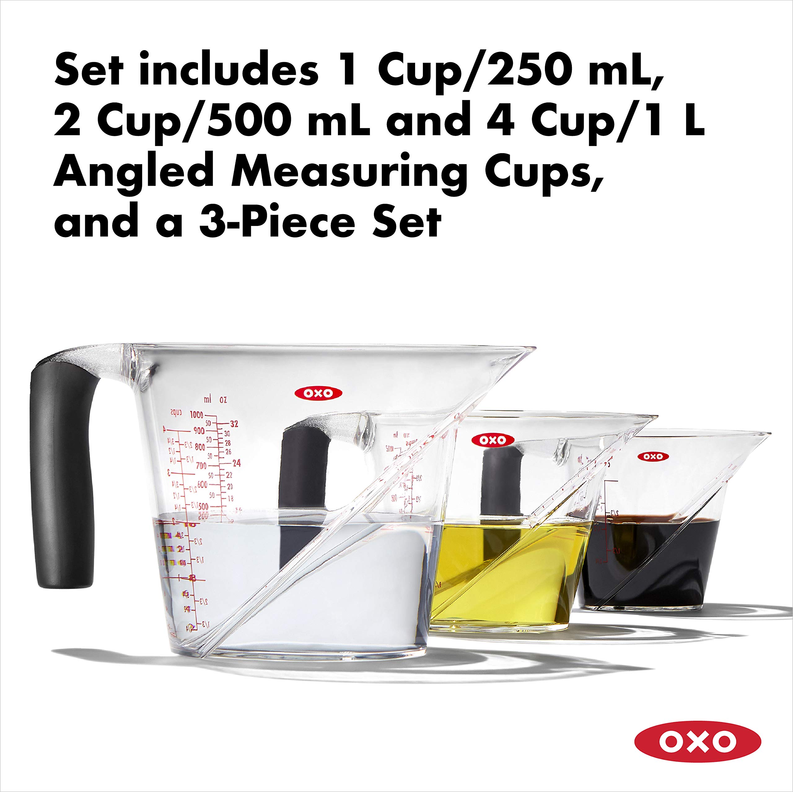 OXO Good Grips 3-Piece Stainless Steel Mixing Bowl Set with Non-Slip Base & OXO 3-Piece Angled Measuring Cups - Perfect for Baking, Cooking & Meal Prep - White & Black Kitchen Essentials