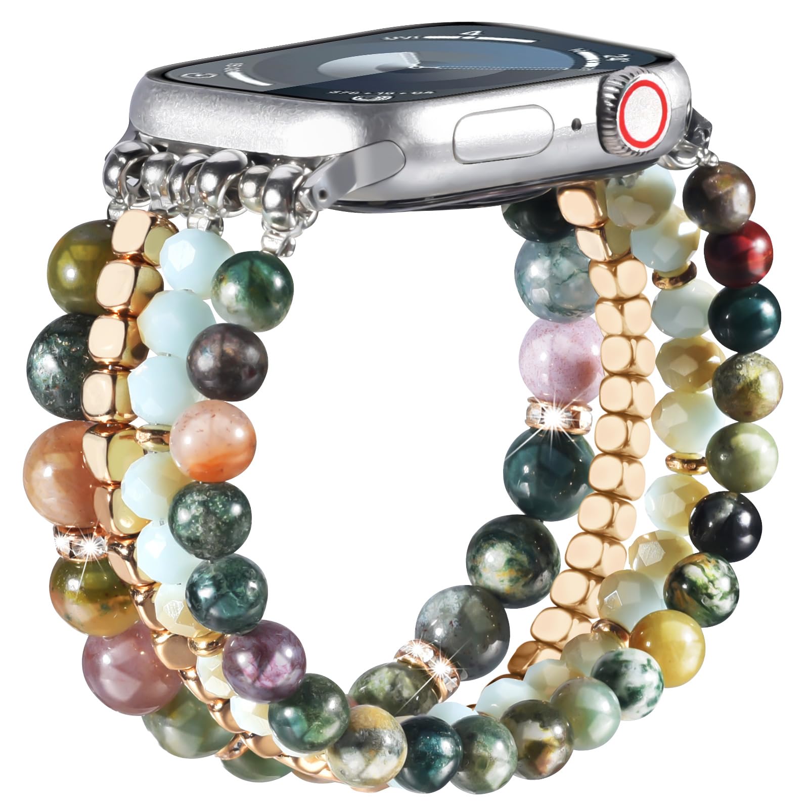 Natural Stone Bracelet for Apple Watch 38mm 40mm 41mm 42mm 44mm 45mm - Handmade Beaded Stretch Strap Compatible with iWatch Series 9/8/7/6/5/4/3/2/1/SE - Elegant Women's Accessory for Work, Parties & Everyday Wear