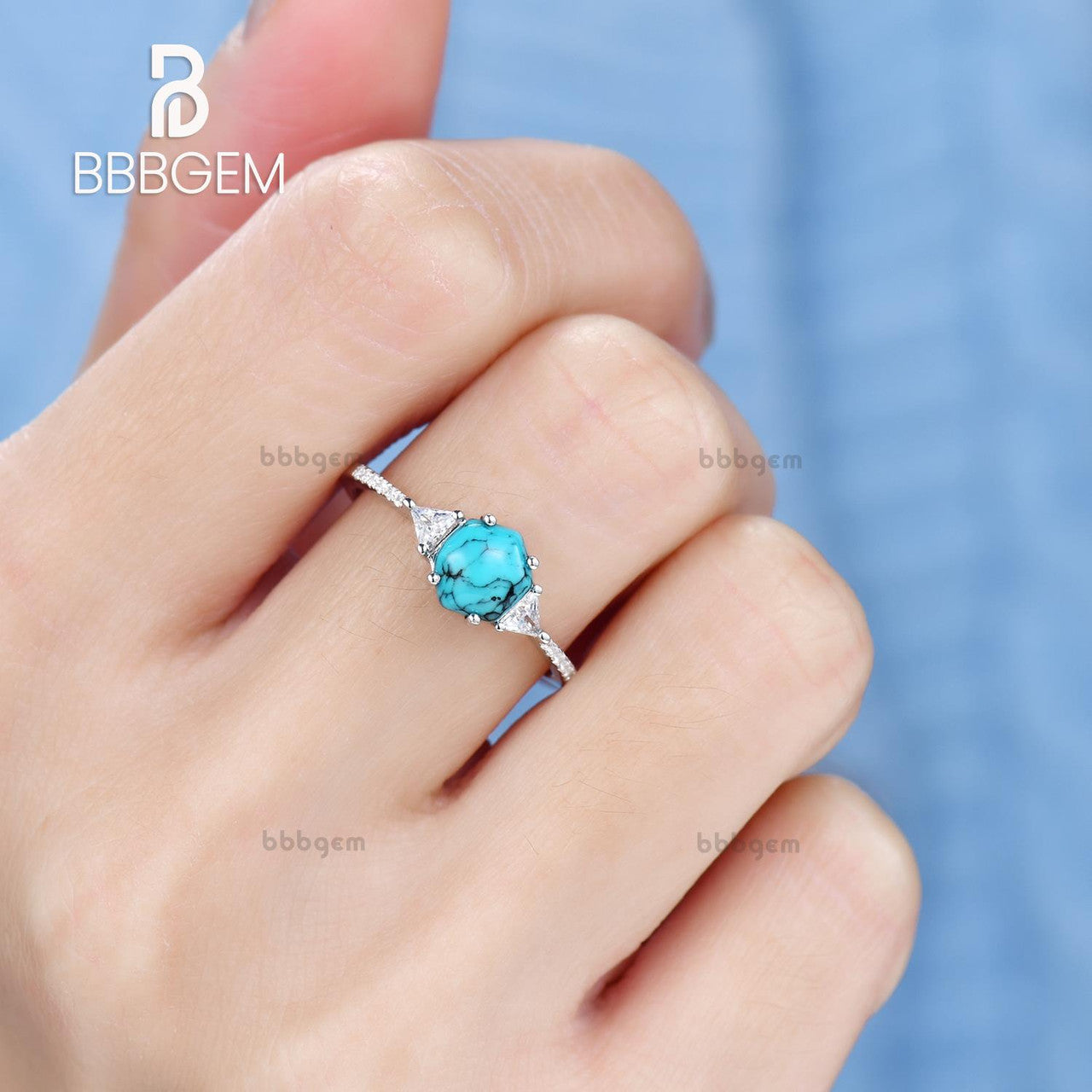Three Stone Hexagonal Turquoise Engagement Ring with Triangle Moissanite Basket Setting - Unique Vintage Style Wedding Band for Women, Perfect for Proposals, Anniversaries & Special Occasions