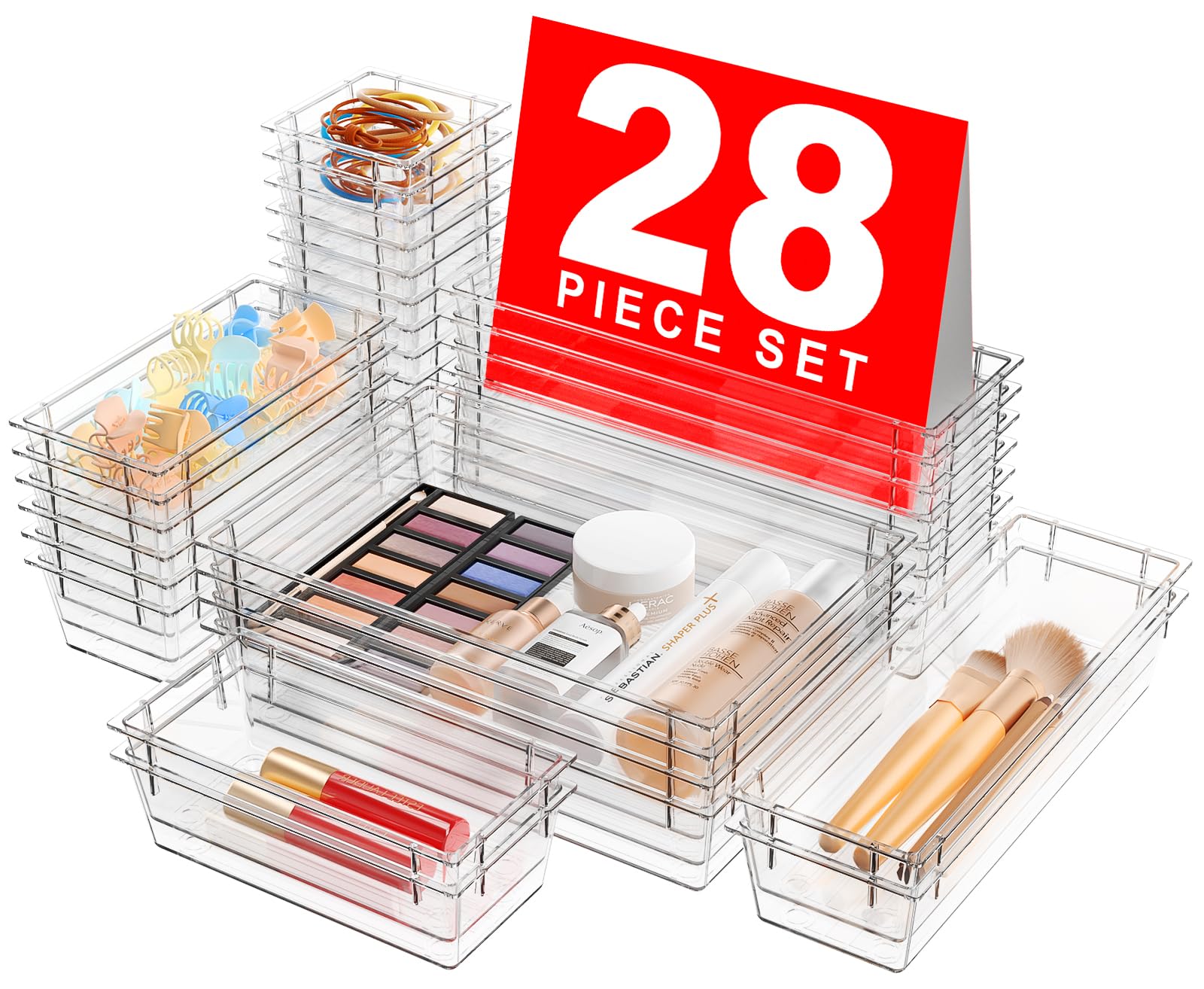 28-Piece Clear Drawer Organizer Set - 4 Sizes for Bathroom, Makeup, Office & Kitchen Storage | Perfect for Vanity, Jewelry, Pantry & Garage Organization