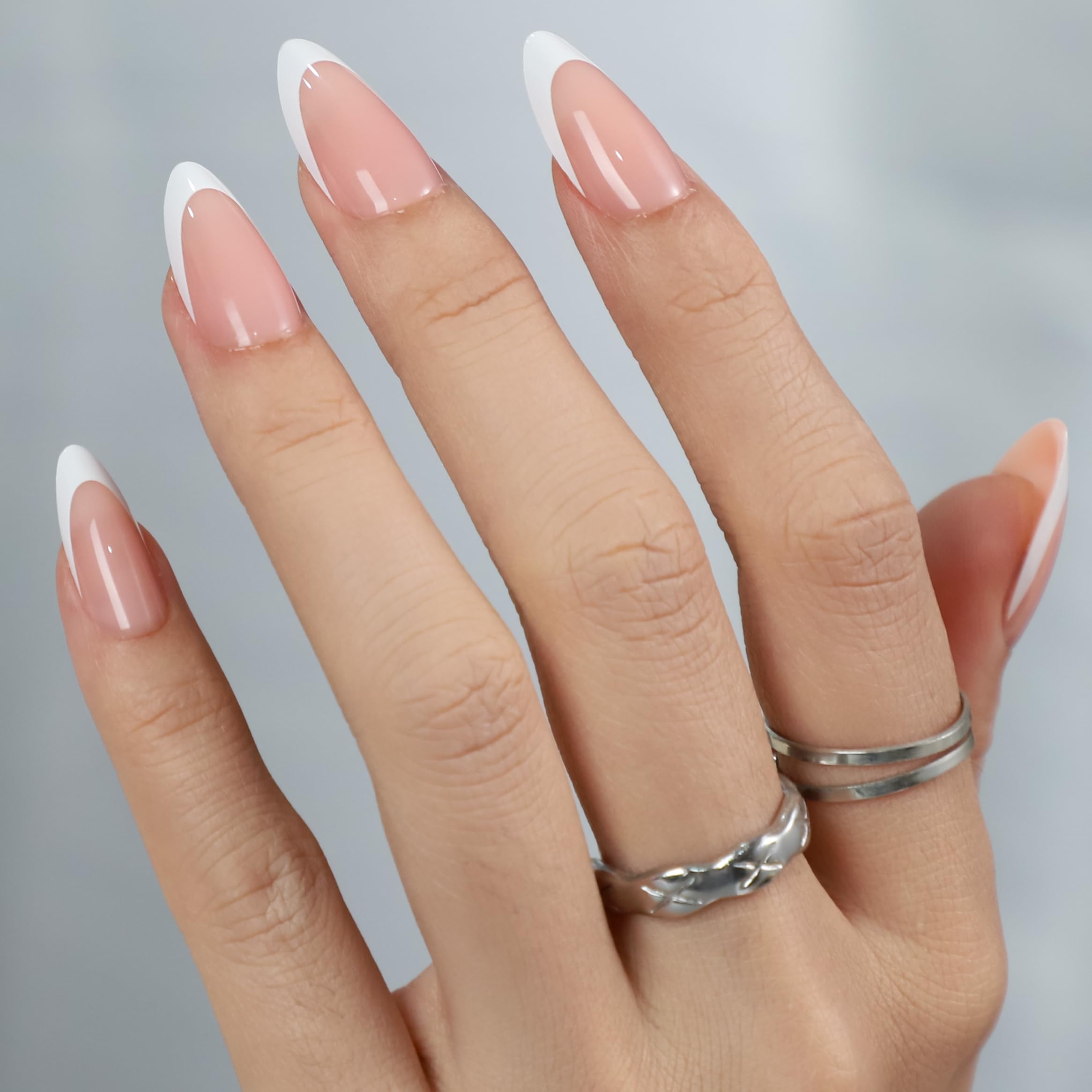 32 PCS Long Almond Nude Press on Nails - French Tip Gel Fake Nails Kit with Glue, 16 Sizes Reusable False Nails for Women, Includes Mini Nail File | Perfect for Parties, Weddings, and Everyday Glam