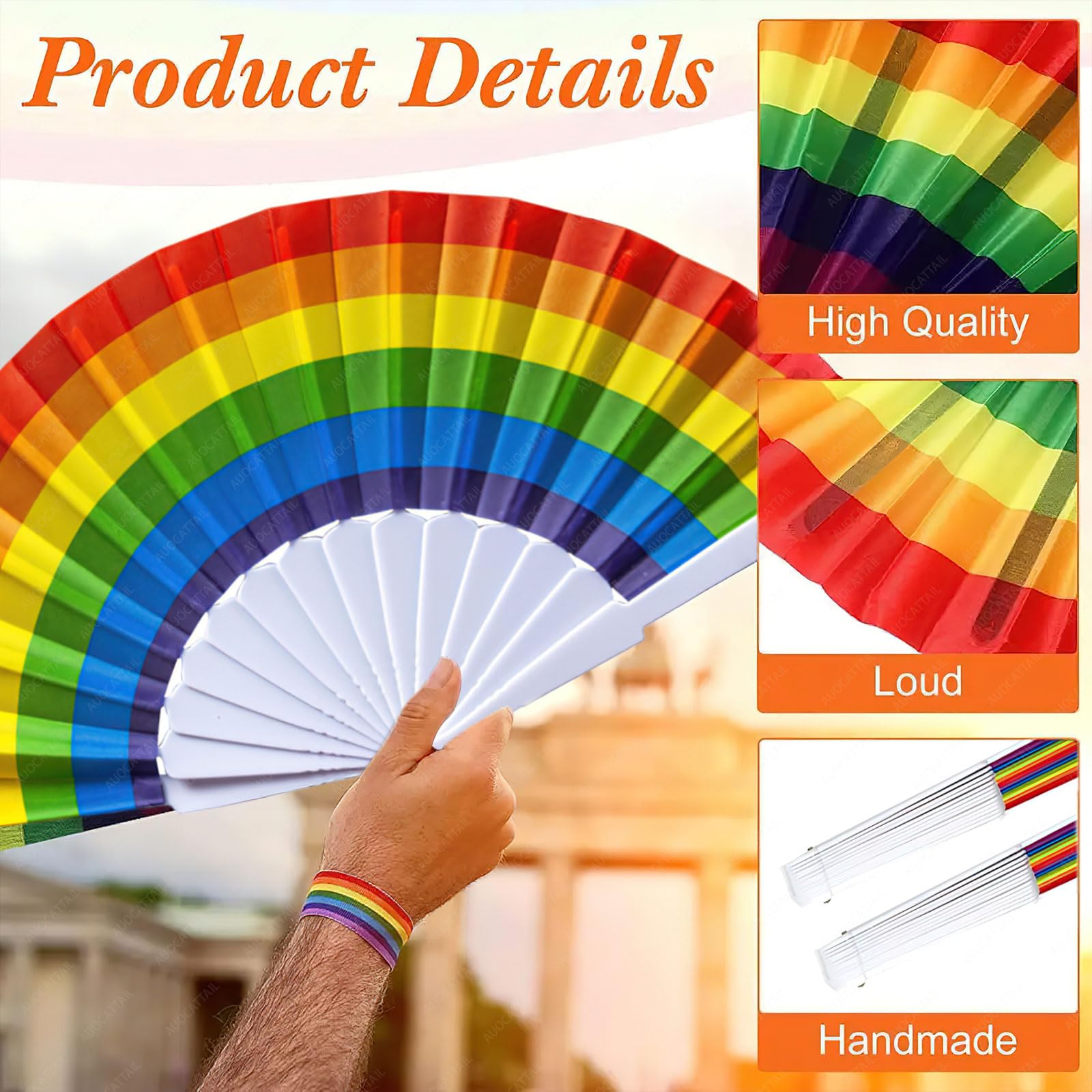 AUOCATTAIL 2PCS Rainbow Hand Fan - Foldable Pride Fan for Rave, Festival & LGBT Events - Colorful Handheld Clack Fan for Women & Men - Perfect for Parades, Concerts & Summer Cooling