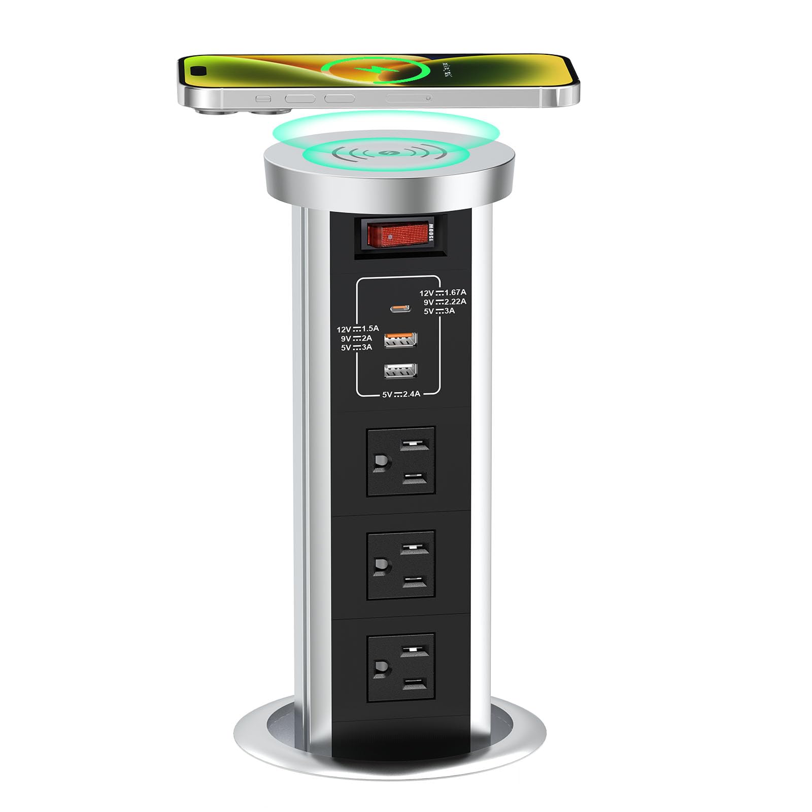 20W USB-C PD Automatic Pop-Up Outlet with 15W Wireless Charger - 3 AC Outlets & 3 USB Ports for Home, Office, Kitchen, Conference & Workbench - Space-Saving Power Strip (Black) | Perfect for Clutter-Free Desks, Countertops & Workstations
