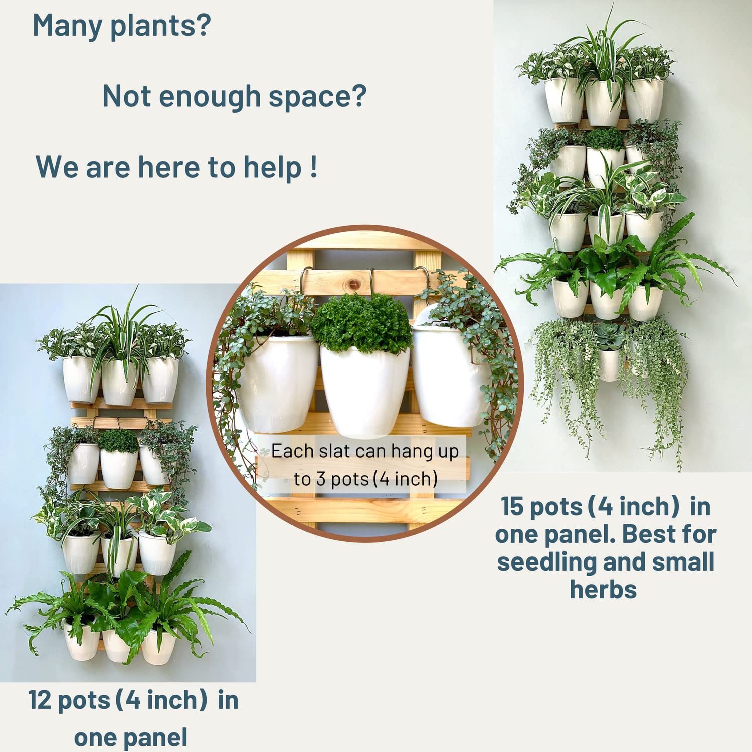 ShopLaLa Bundle - 4 Inch Self Watering Plant Pots with 2 Pack Wooden Planter Holders, Indoor Vertical Wall Garden Kit for Herbs & Succulents | Space Saving Hydroponic System for Kitchen, Balcony & Small Apartments