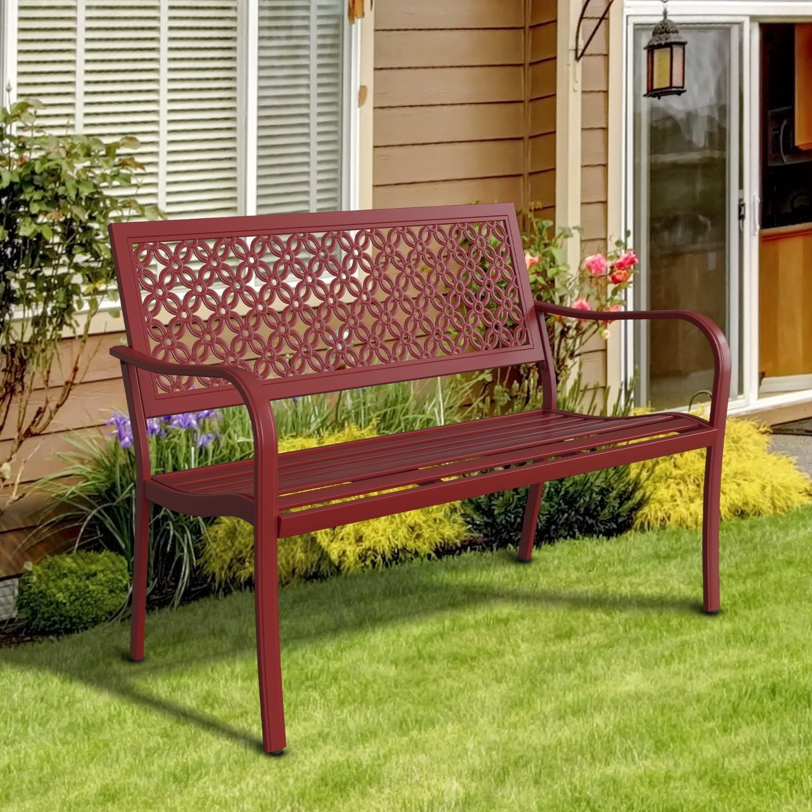 Grand Patio Outdoor Garden Bench with Armrests - Durable Wooden Bench for Lawn, Yard, Porch & Backyard (Red) - Perfect for Relaxing, Entertaining & Outdoor Decor