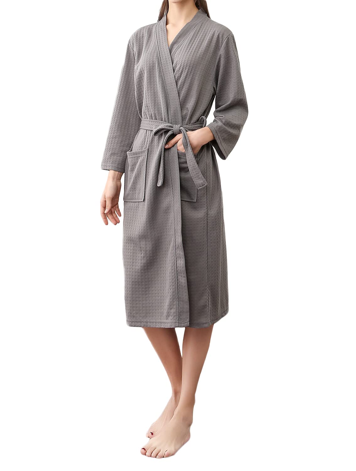 Rojeam Women's Kimono Waffle Robe - Lightweight Soft Unisex Bathrobe with Pockets for Spa, Sleepwear & Lounge Wear - Knee Length Comfortable Cotton Robe for Women & Men
