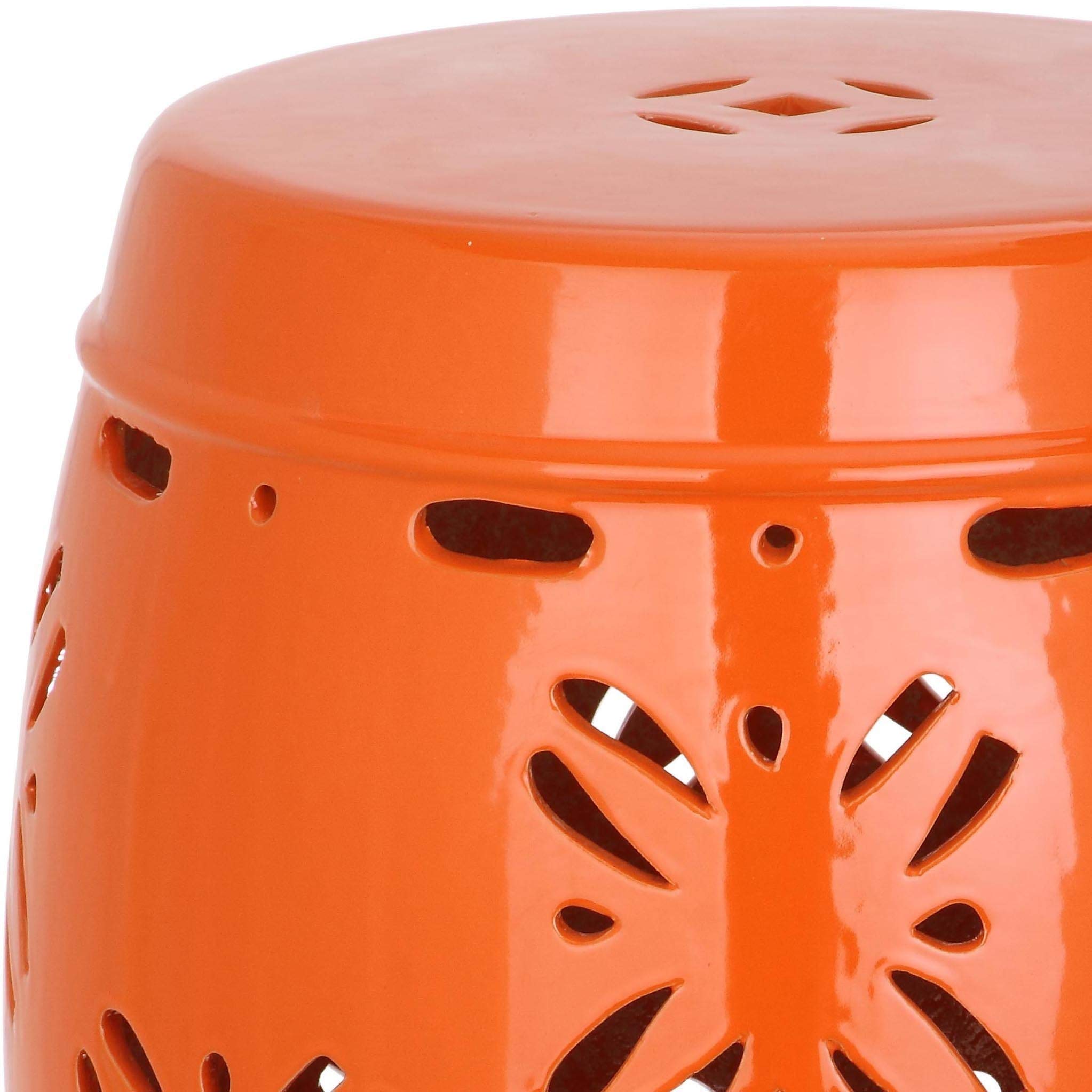 Orange Boho Plant Stand - Ceramic Moroccan Stool for Patio, Deck & Backyard - Coastal Outdoor Table with Geometric Design - Perfect for Lawn, Garden & Bohemian Home Decor