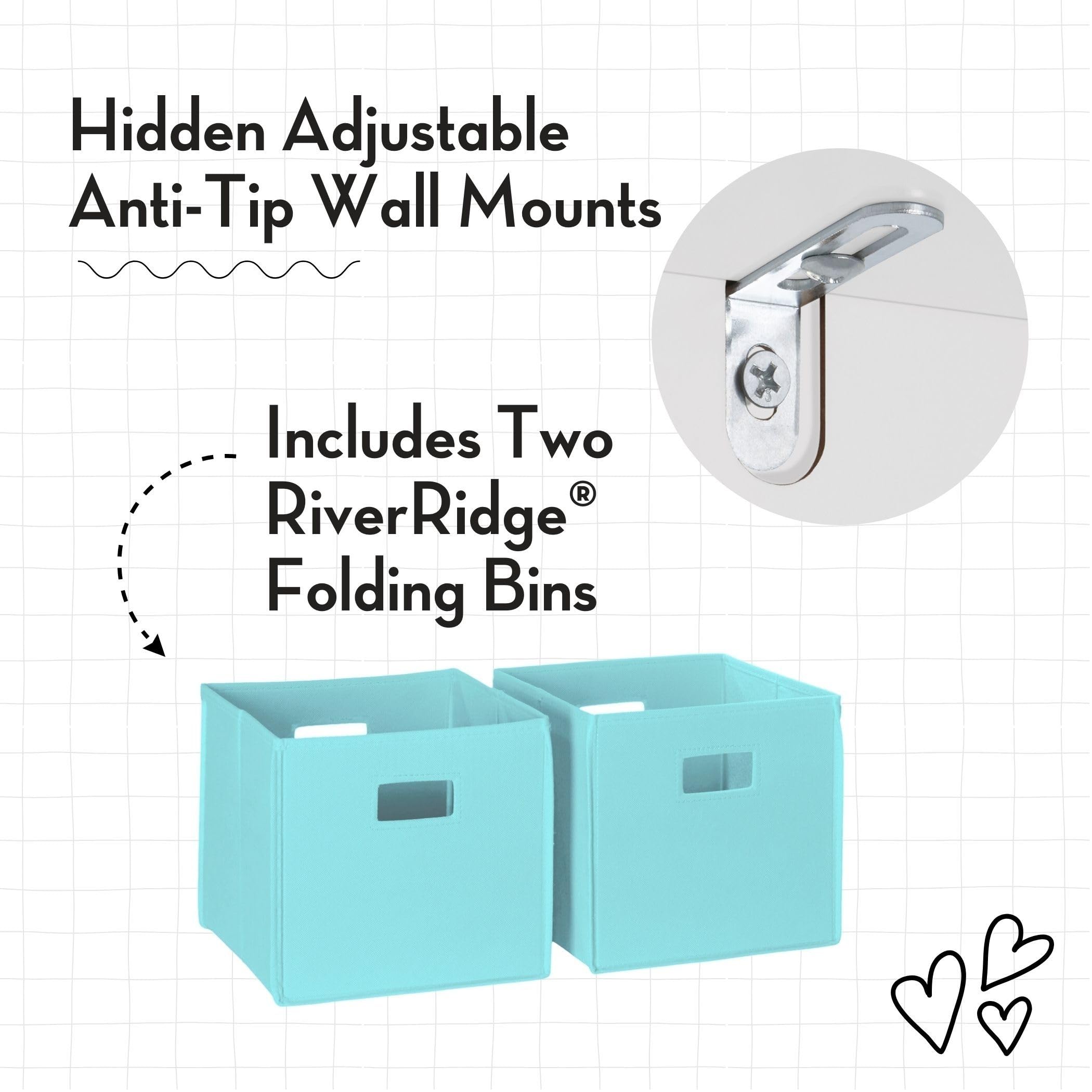 RiverRidge Kids Bookshelf with 2 Open Shelves & 2 Aqua Fabric Storage Bins - Multifunctional Toy Organizer, Book Storage & Kids Room Decor - Perfect for Bedroom, Playroom & Classroom Organization