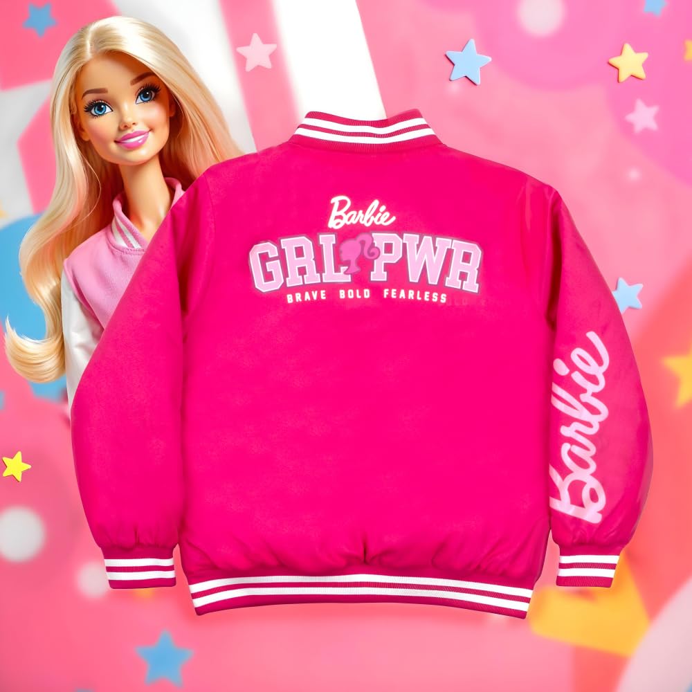 Barbie Girls Bomber Jacket - Pink Zip Up Varsity Jacket for Girls | Trendy Outerwear for School, Playdates & Birthday Parties | Girl Power Fashion for Everyday Wear
