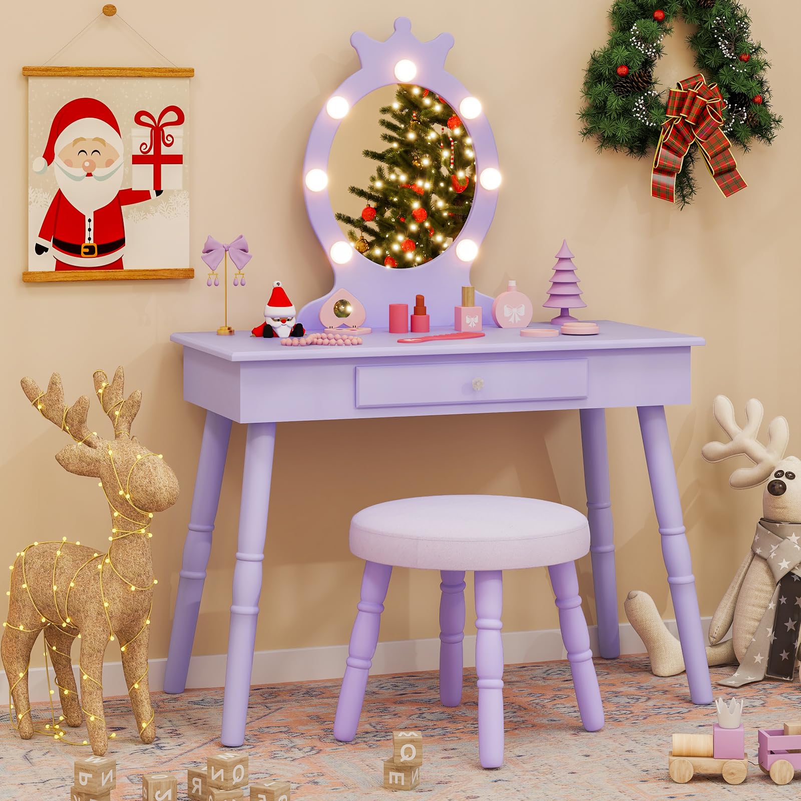 Costzon Kids Vanity Set with Mirror, Stool & LED Lights - 2-in-1 Wooden Makeup Dressing Table with Drawers for Girls - Pretend Play Toddler Vanity Desk & Chair Set (Violet) - Perfect for Birthday Gifts & Princess Room Decor