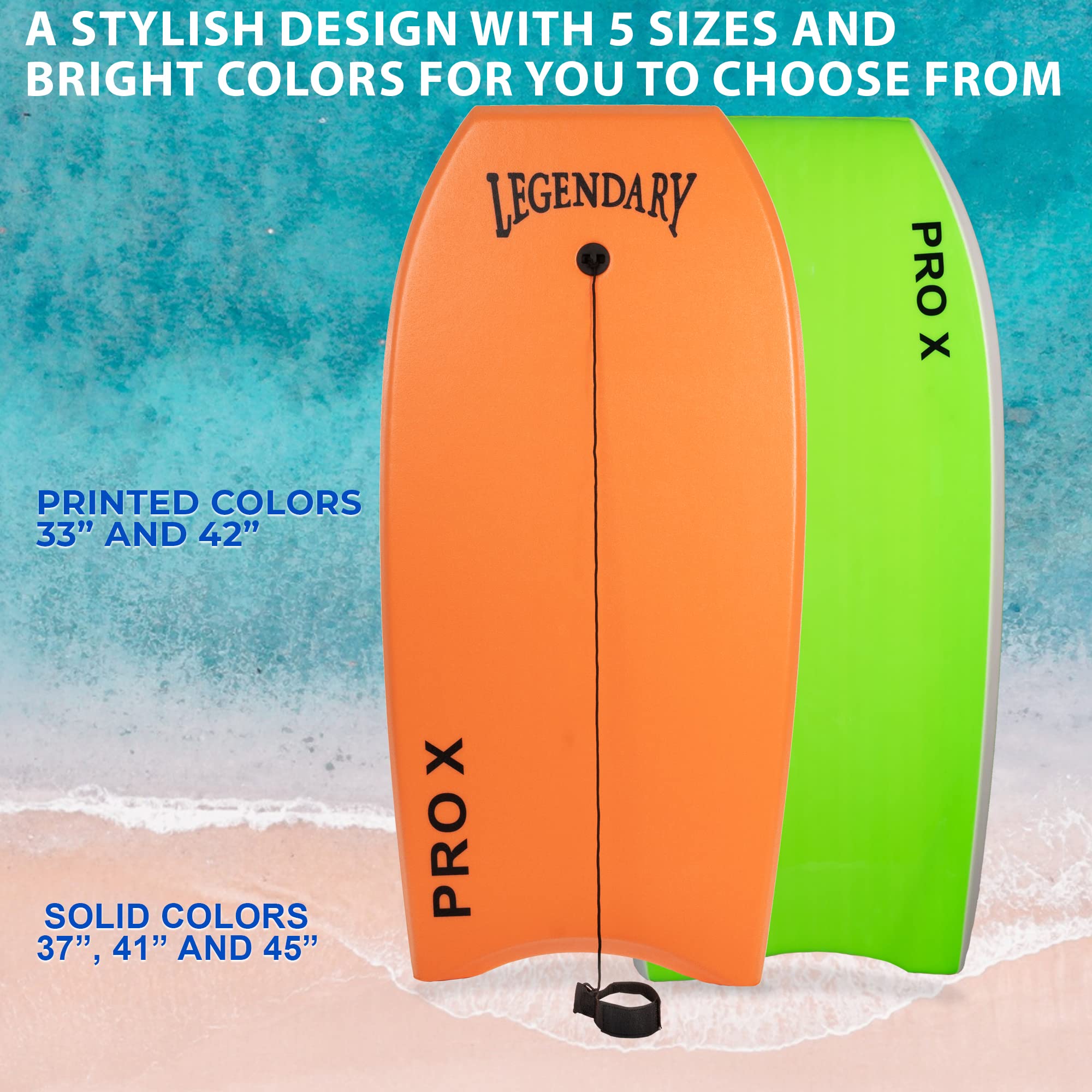 Legendary Pro X Bodyboard for Beach - High Performance Boogie Board with Hard Slick Bottom for Kids & Adults | EPS Core & Heat Sealed Technology | Includes Leash | Perfect for Wave Riding, Surfing & Water Sports
