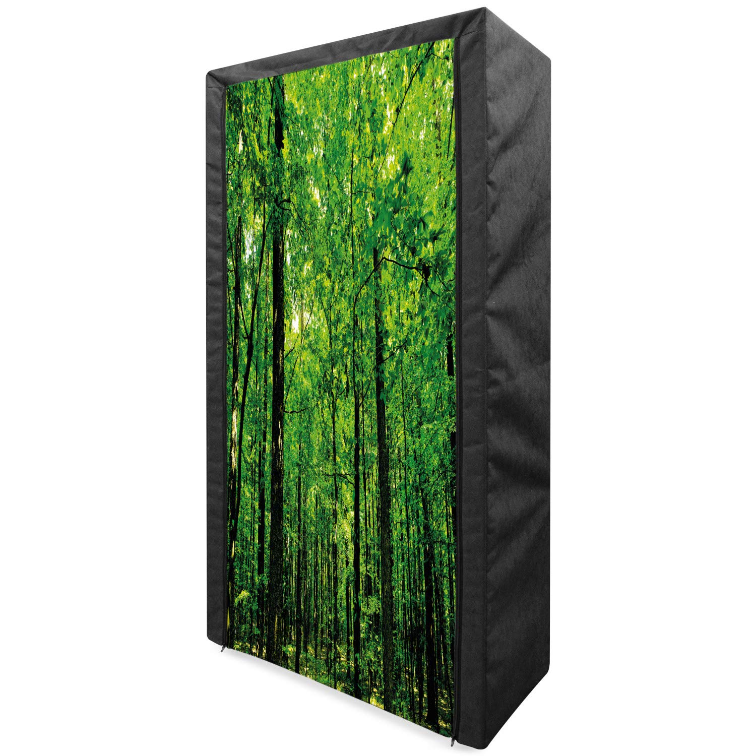 Ambesonne Portable Fabric Wardrobe - Woodland Tree Forest Jungle Design, Sunny Day Nature Theme, Clothing Organizer with Shelves (33.5 Inches, Fern Green & Seal Brown) - Perfect for Bedroom Closet, Dorm Storage, and Travel Garment Organizer
