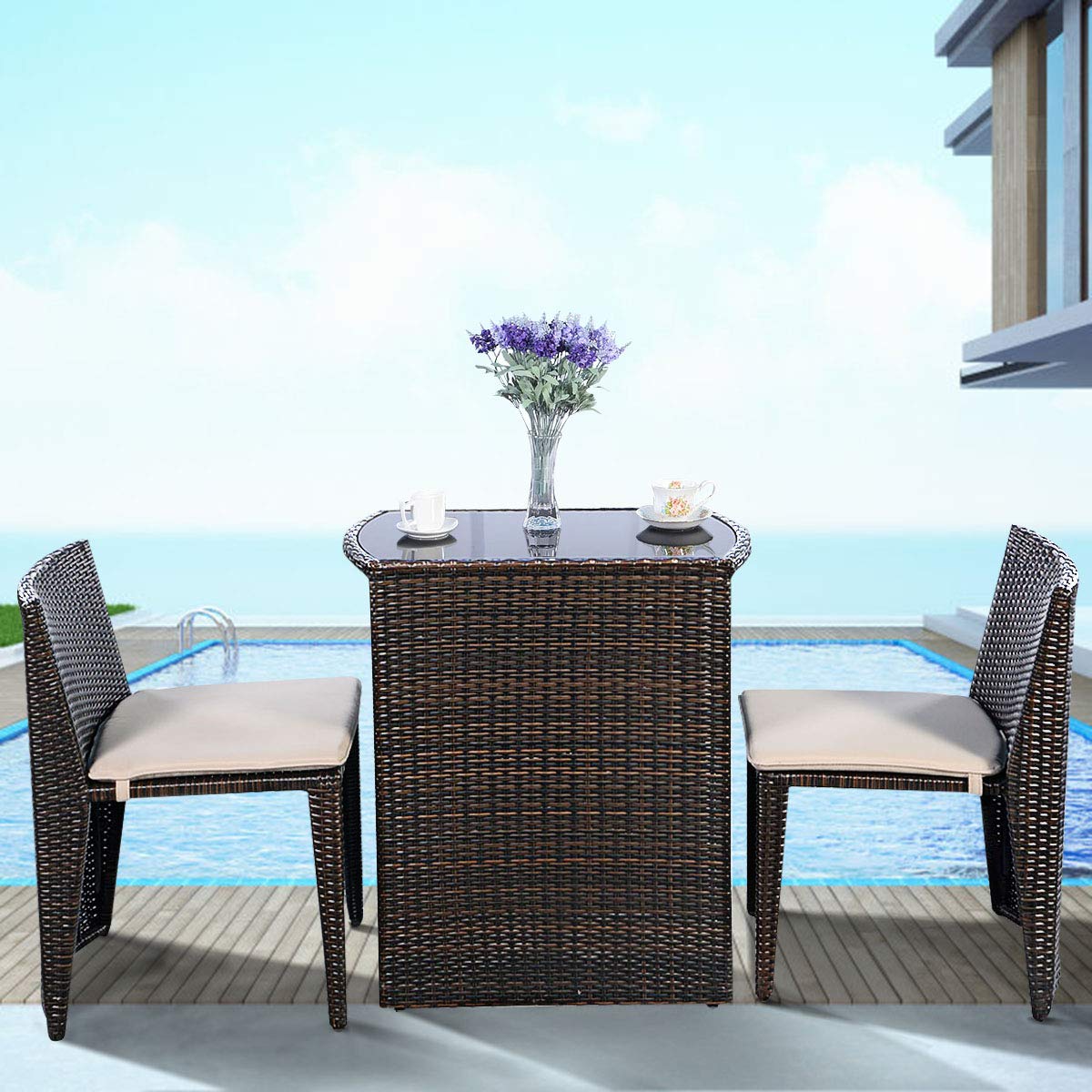 Giantex 3-Piece Outdoor Patio Furniture Set - Cushioned Wicker Bistro Sofa for Garden, Lawn, Balcony - Space-Saving Conversation Set, No Assembly Required (Brown) - Perfect for Relaxing, Entertaining, and Outdoor Dining