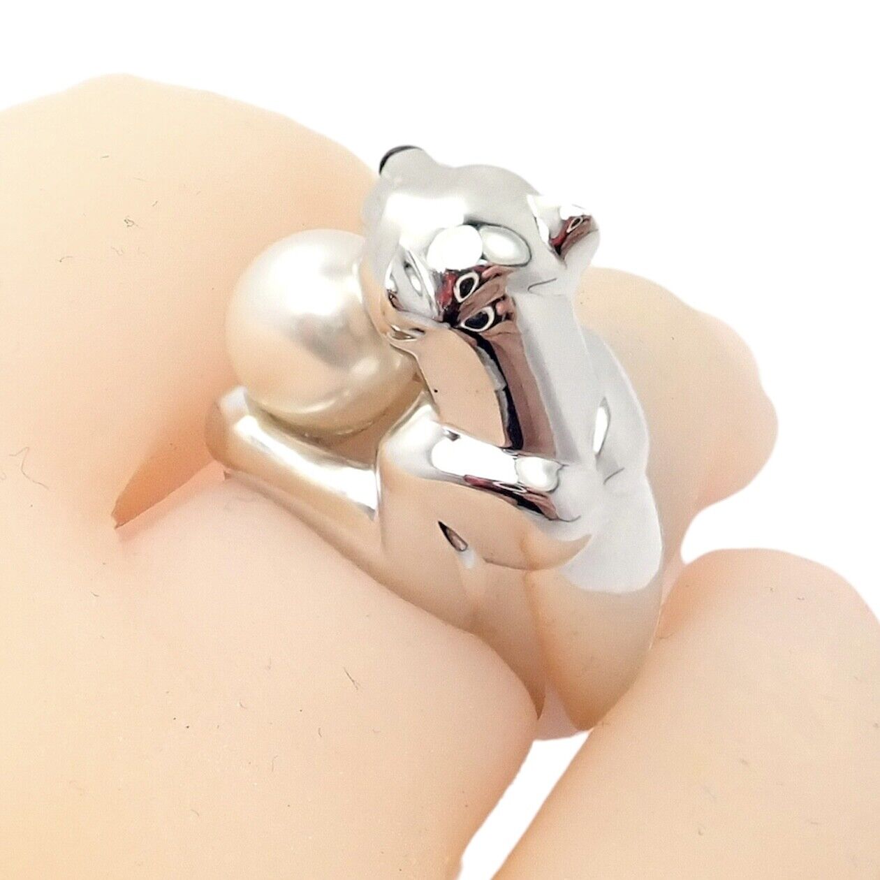 Authentic Cartier 18K White Gold Panther Panthere Ring with Onyx, Tsavorite & Pearl - Luxury Jewelry for Women, Perfect for Weddings, Anniversaries & Special Occasions