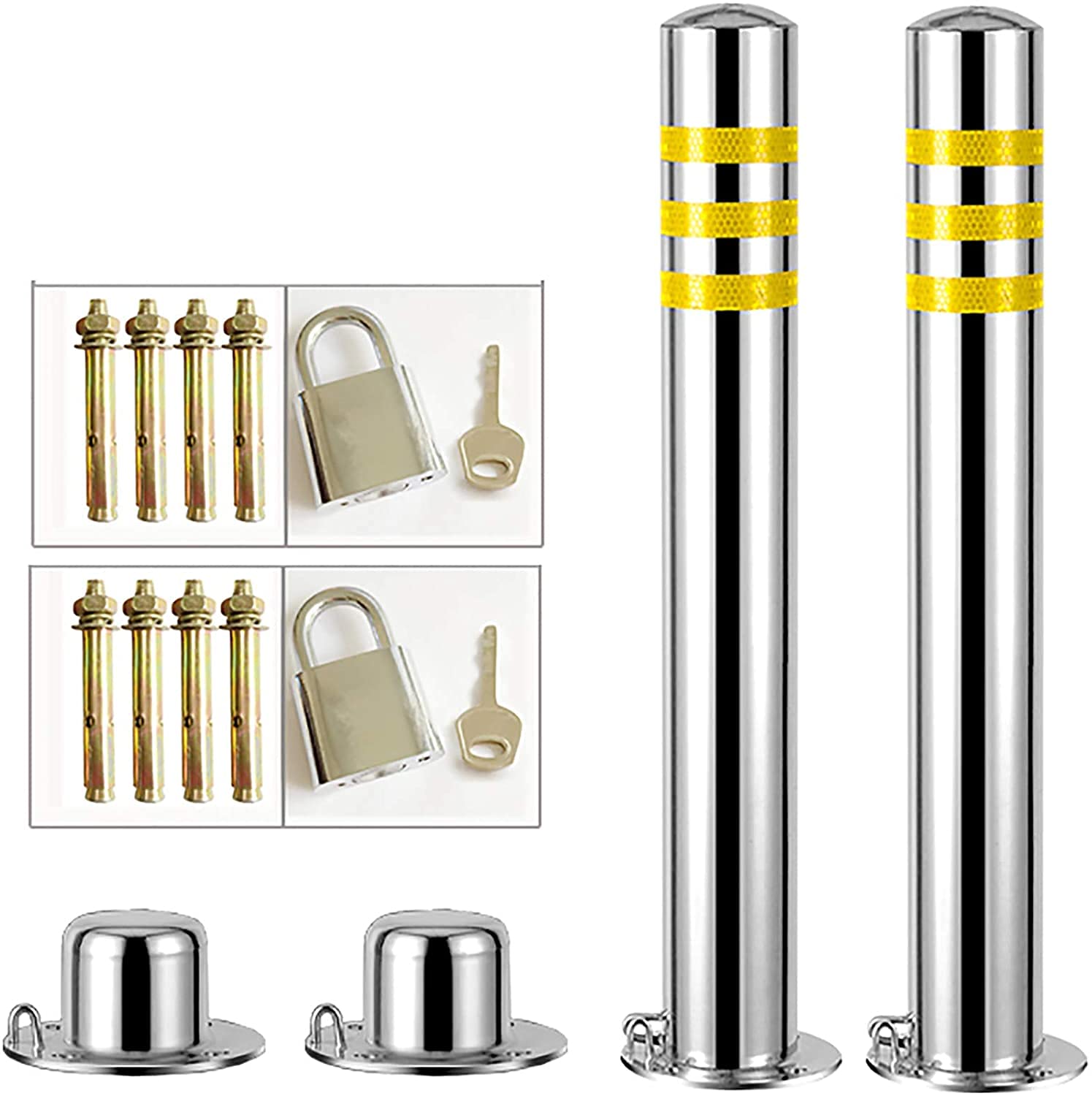 2Pcs Stainless Steel Security Posts for Driveways - Lockable Parking Barriers with Reflective Tape - Heavy Duty Bollards for Parking Lots, Garages & Private Property Protection (Outdoor Use)