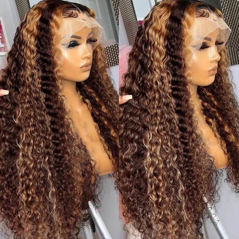 Eullair #4/27 Balayage Highlight Brown Curly Human Hair Wig for Dark Skin | 12-30 Inch | Natural Looking Wavy Curls for Everyday Wear, Cosplay & Special Occasions