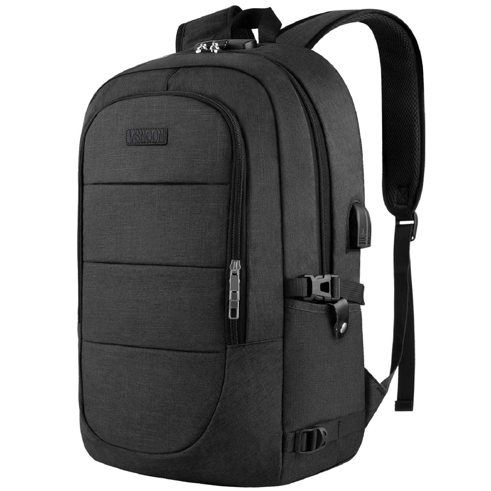 VSNOON Anti-Theft Laptop Backpack for 15.6-17.3 Inch Business & Travel, USB Charging Port & Lock, Water Resistant Computer Bag for Women & Men, Black – Ideal for Commuting, Work & Study