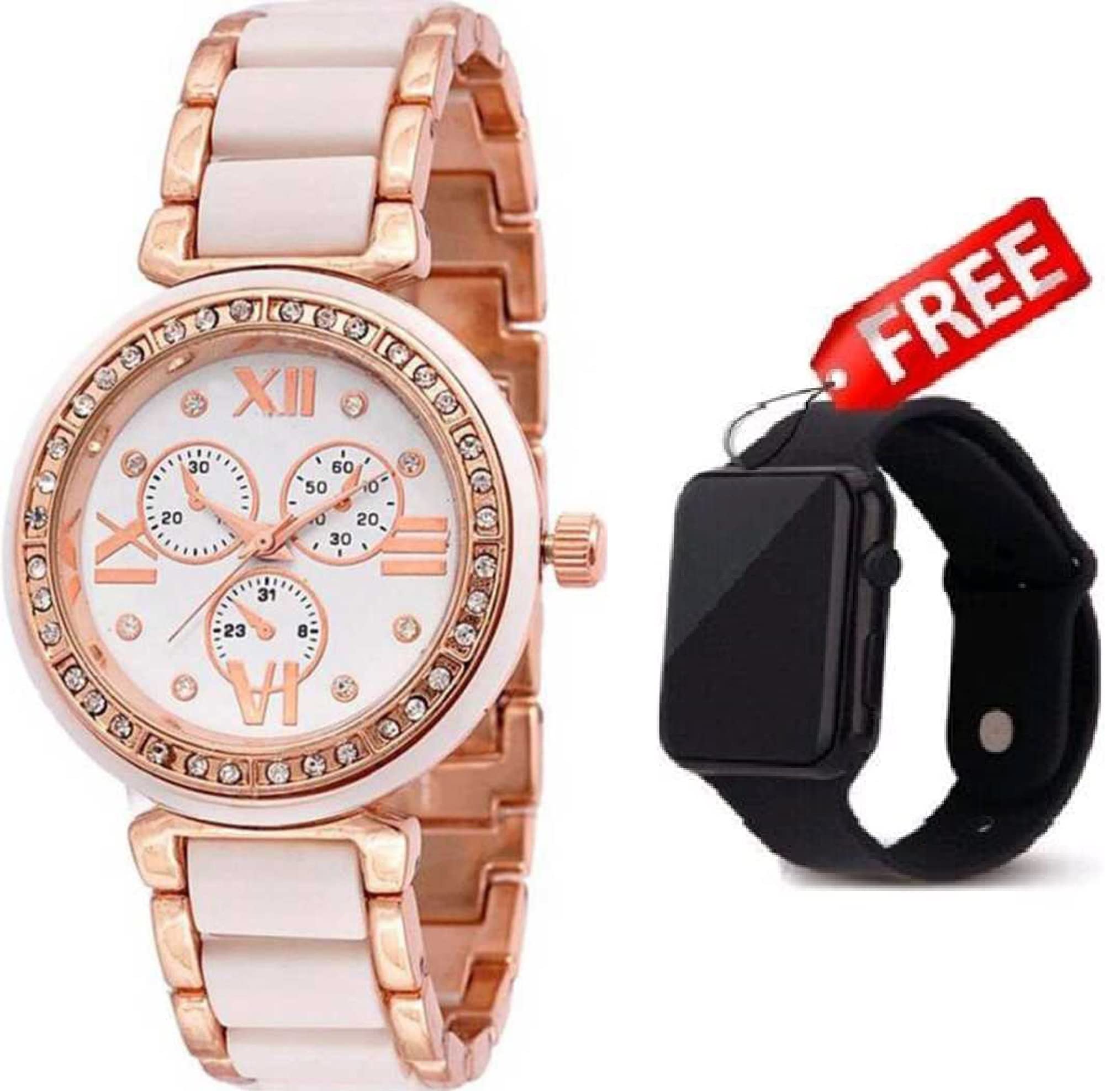 LAKSH Magnetic Strap Analog Watch & Digital Watch for Women & Girls - Waterproof, Fashionable Wristwatch with Interchangeable Rubber Bands (Model SR-665/AT-665) - Perfect for Daily Wear, Office, Sports & Casual Outfits