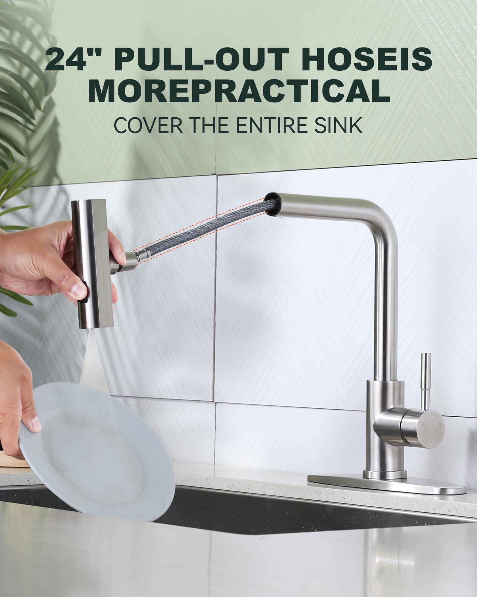 IVIGA Brushed Nickel Pull Down Kitchen Faucet with 3 Spray Modes (Waterfall/Stream/Sweep) - Splash Proof Swivel Waterfall Sink Faucet for Washing Vegetables, Fruits & Dishes - Perfect for Modern Kitchens & Food Prep Stations