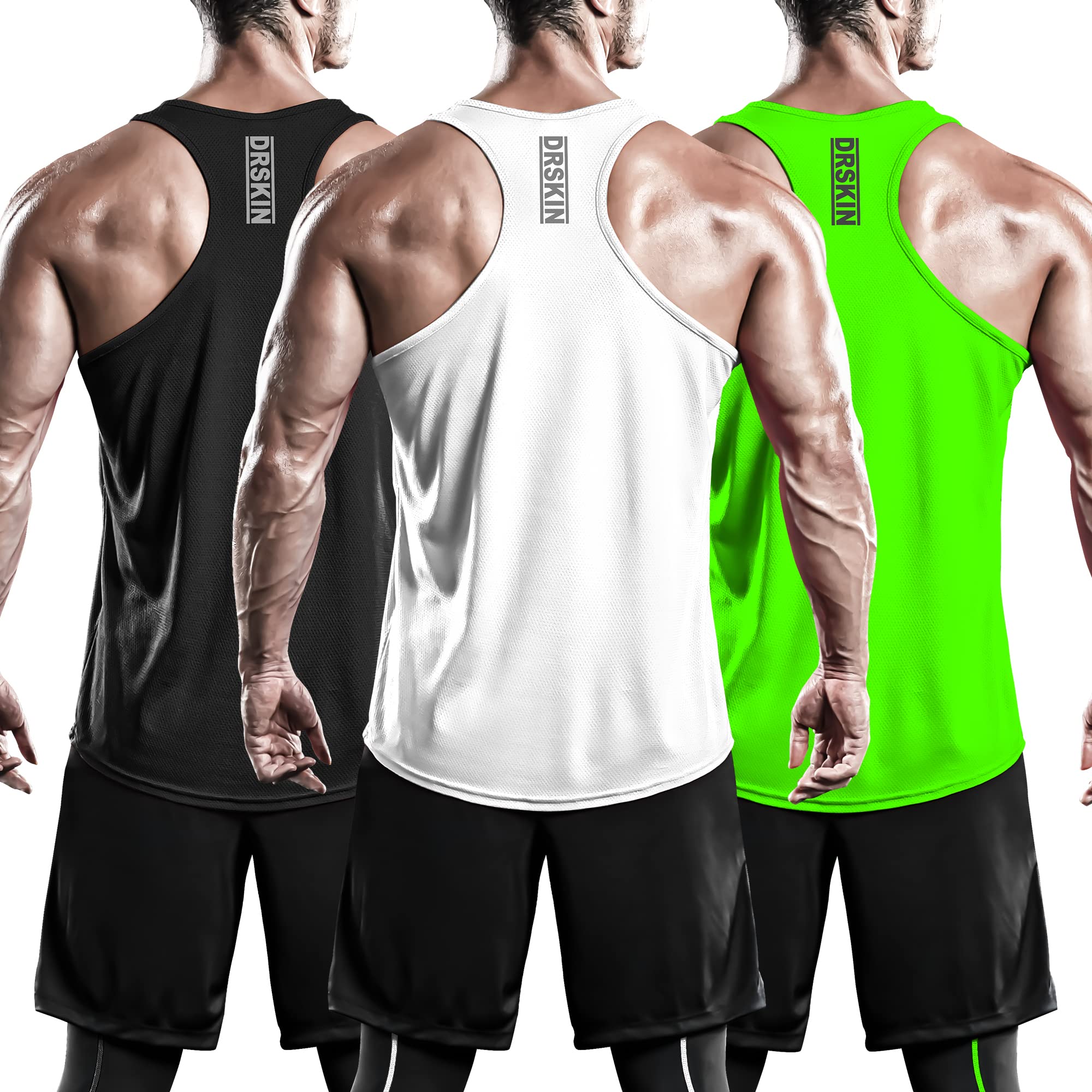 DRSKIN Men's 3 Pack Moisture Wicking Y-Back Muscle Tank Tops - Breathable Mesh Sleeveless Gym Shirts for Bodybuilding, Training & Workout - Perfect for Gym, Running & Summer Outdoor Activities