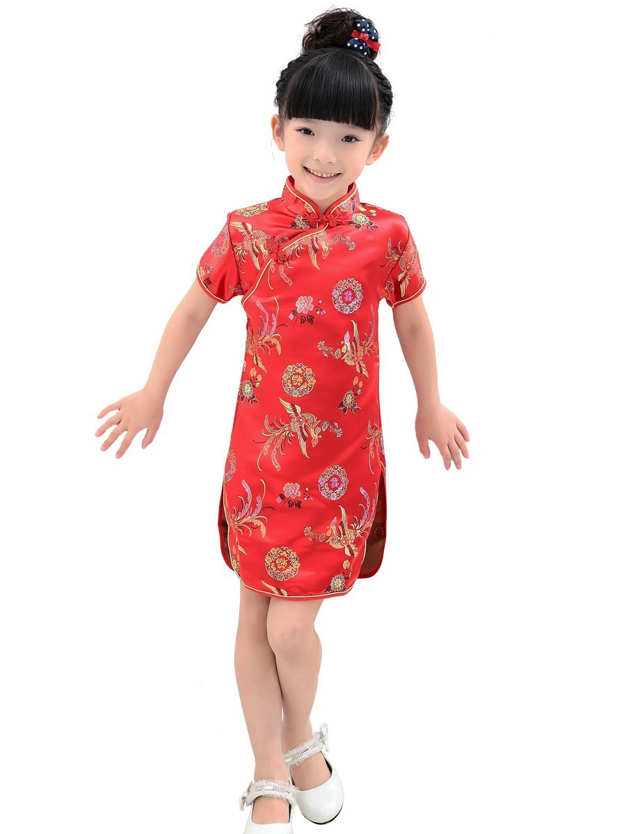 Red Phoenix Happiness Brocade Chinese Qipao Dress for Kids | Traditional Asian Cheongsam Costume | Perfect for Lunar New Year, Chinese Festivals & Cultural Performances