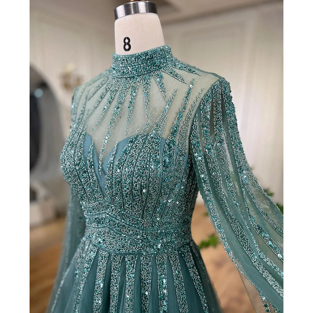 Elegant Arabic Turquoise Beaded A-Line Evening Gown with Cape Sleeves - Dubai Inspired Women's Wedding Party Dress LA72199 | Perfect for Formal Events, Red Carpet & Special Occasions