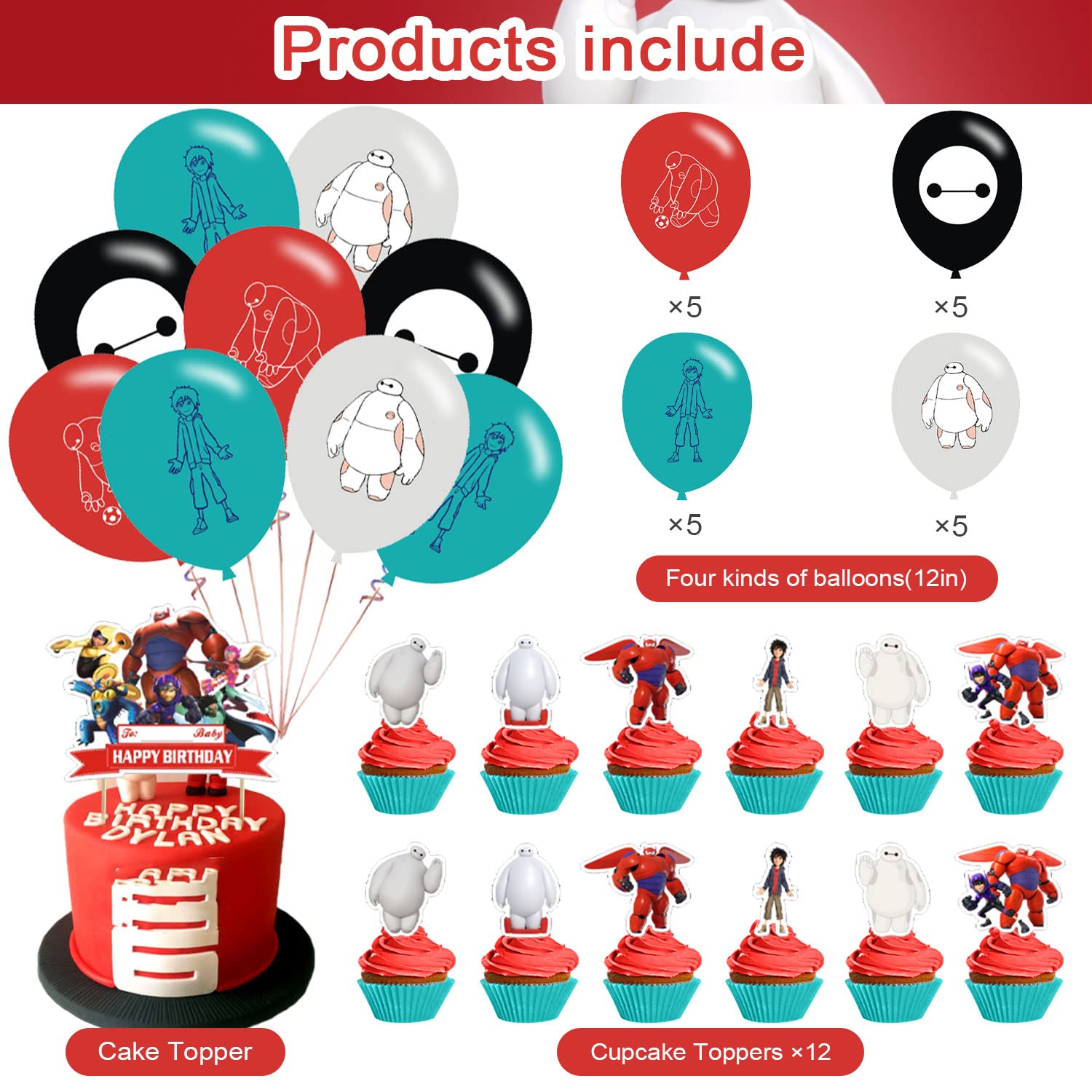 Baymax Hero Birthday Party Decorations Set - Banner, Cake Topper, 12 Cupcake Toppers & 20 Balloons for Kids Disney Big Hero 6 Themed Celebration - Perfect for Birthday Parties, Baby Showers & Disney Movie Nights