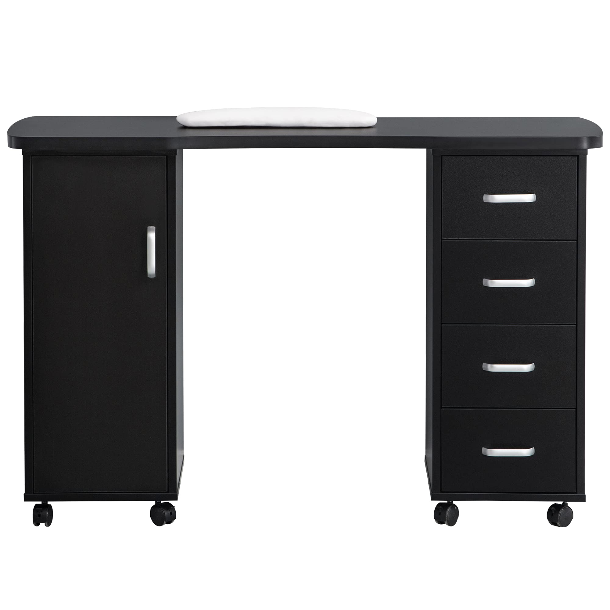 Professional BarberPub Manicure Table - Acetone-Resistant Nail Desk with 4 Drawers & 2 Cabinets - Lockable Wheels & Wrist Pad - Perfect for Nail Technicians & Beauty Salons (Black 0611) - Ideal for Manicures, Pedicures & Nail Art Services in Salons & Home Studios